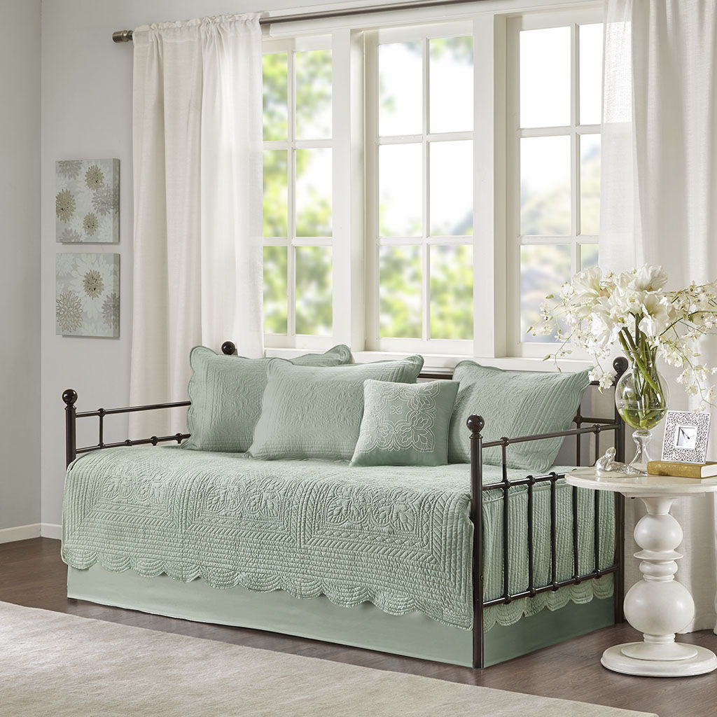 Tuscany - Twin 6 Piece Reversible Scalloped Edge Daybed Cover Set - Seafoam Madison Park