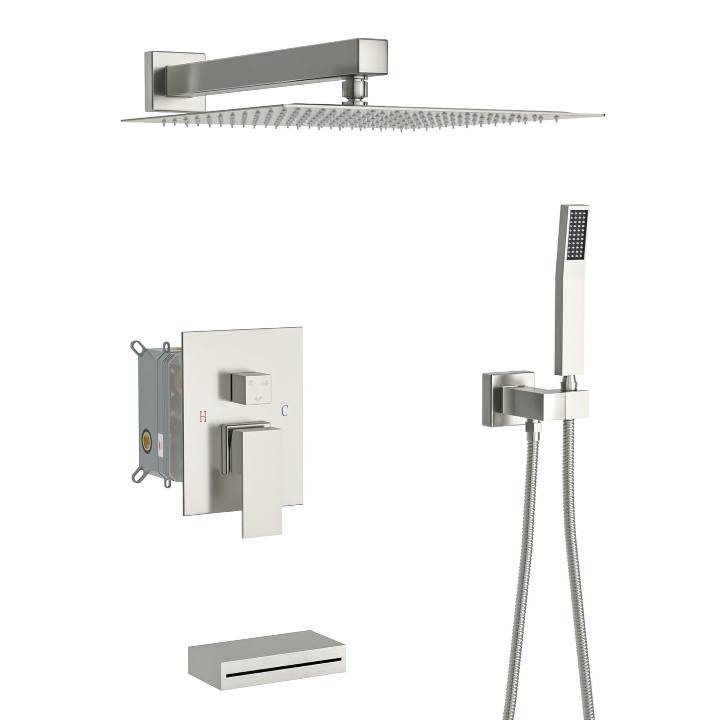 Square Shower System With Waterfall Tub Spout And Rough In Valve, Wall Mounted Daily Nest
