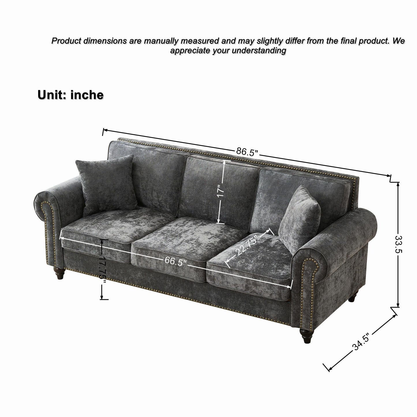3 Seater Sofa With Tufted Upholstery, Rolled Arms, Nailhead Trim Home Essentials