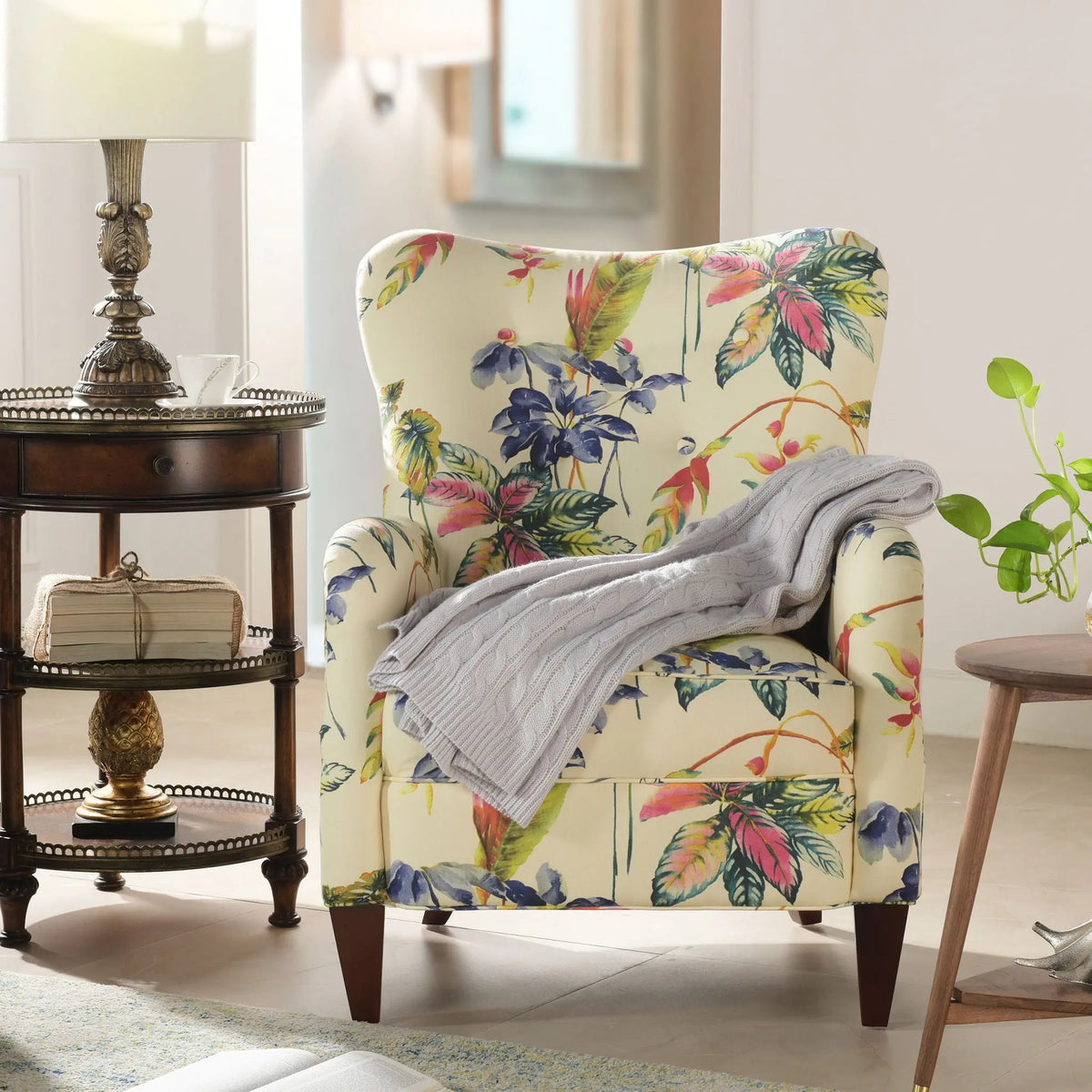 Paradise - Upholstered Arm Chair Floral Printed On Cotton - Off-White Jennifer Taylor Home