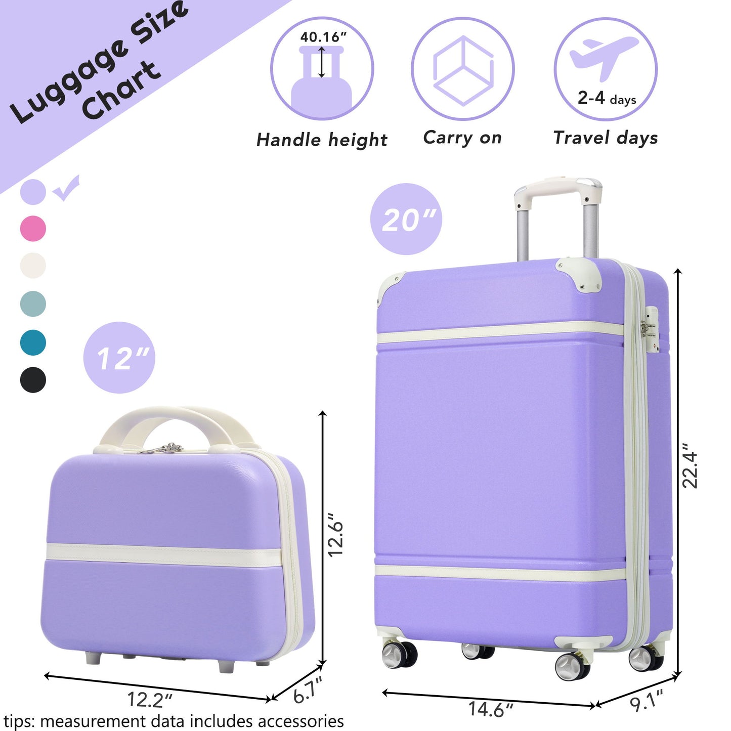 20" Hardside Luggage With Cosmetic Case, 2 Piece Lightweight Suitcase Set With Spinner Wheels, Carry On Vintage Luggage Daily Nest