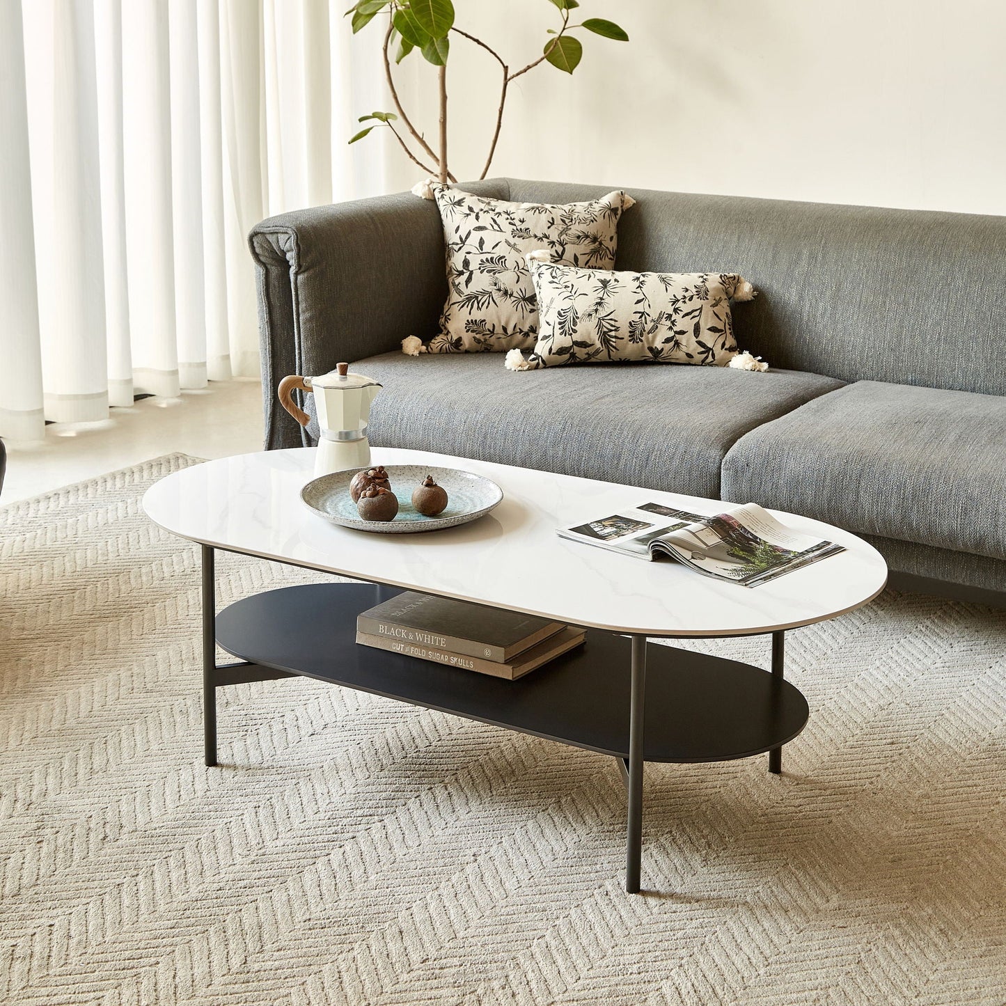 Contemporary Coffee Table Sintered Stone Surface With Ceramic Finish Double Layer Design Base Matte Shelf Modern Living Room Center Table - White / Gray Home Essentials