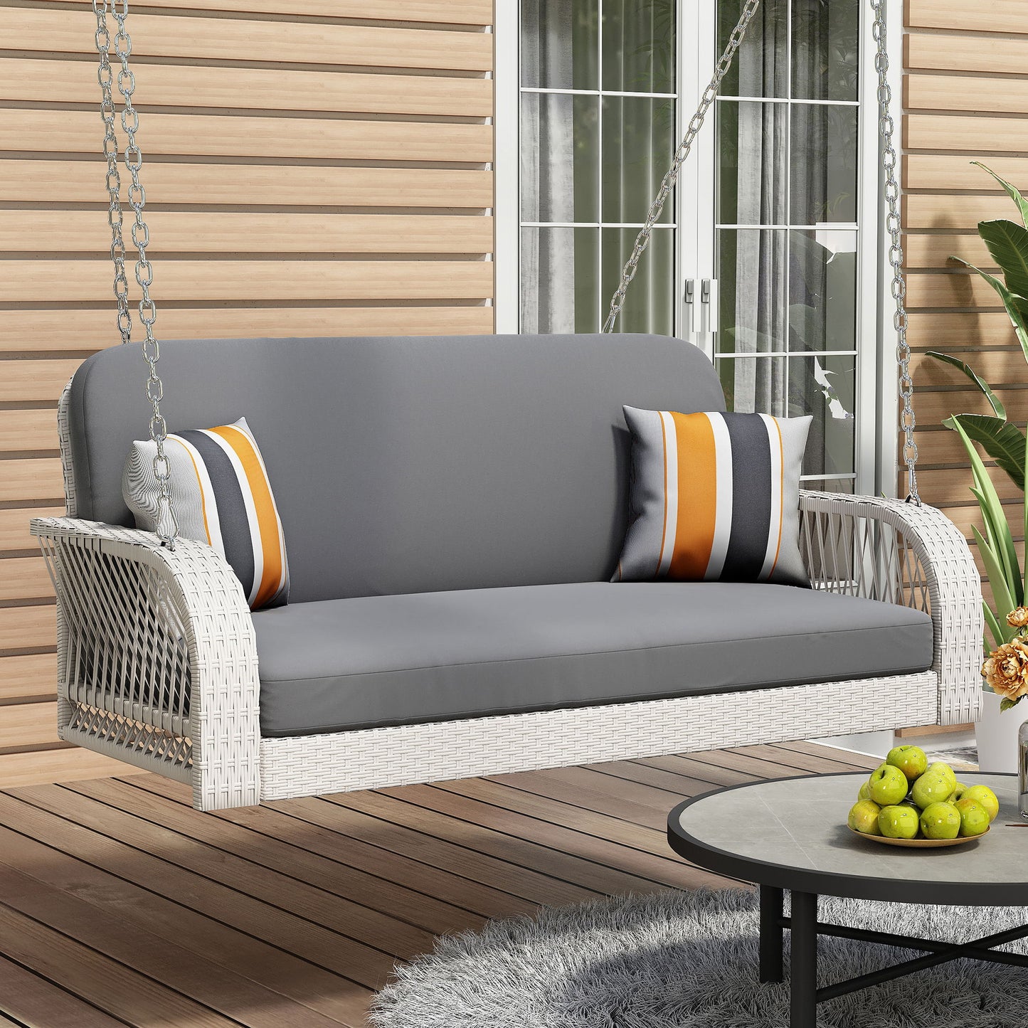 PE Wicker Porch Swing, 2 Seater Hanging Bench With Chains, Patio Furniture Swing For Backyard Garden Poolside Hearth and Haven