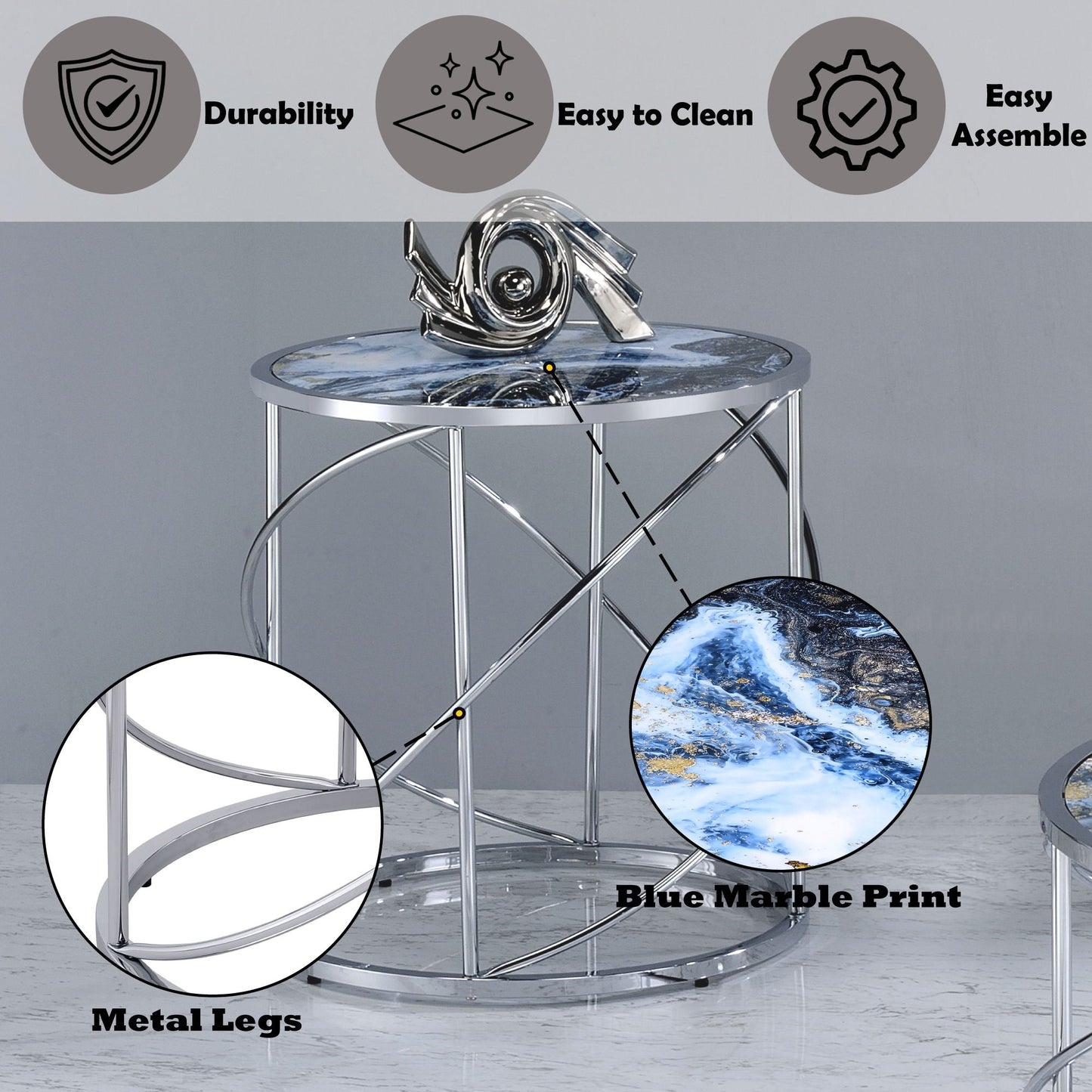 Lyda - Marble Print End Table - Blue Acme