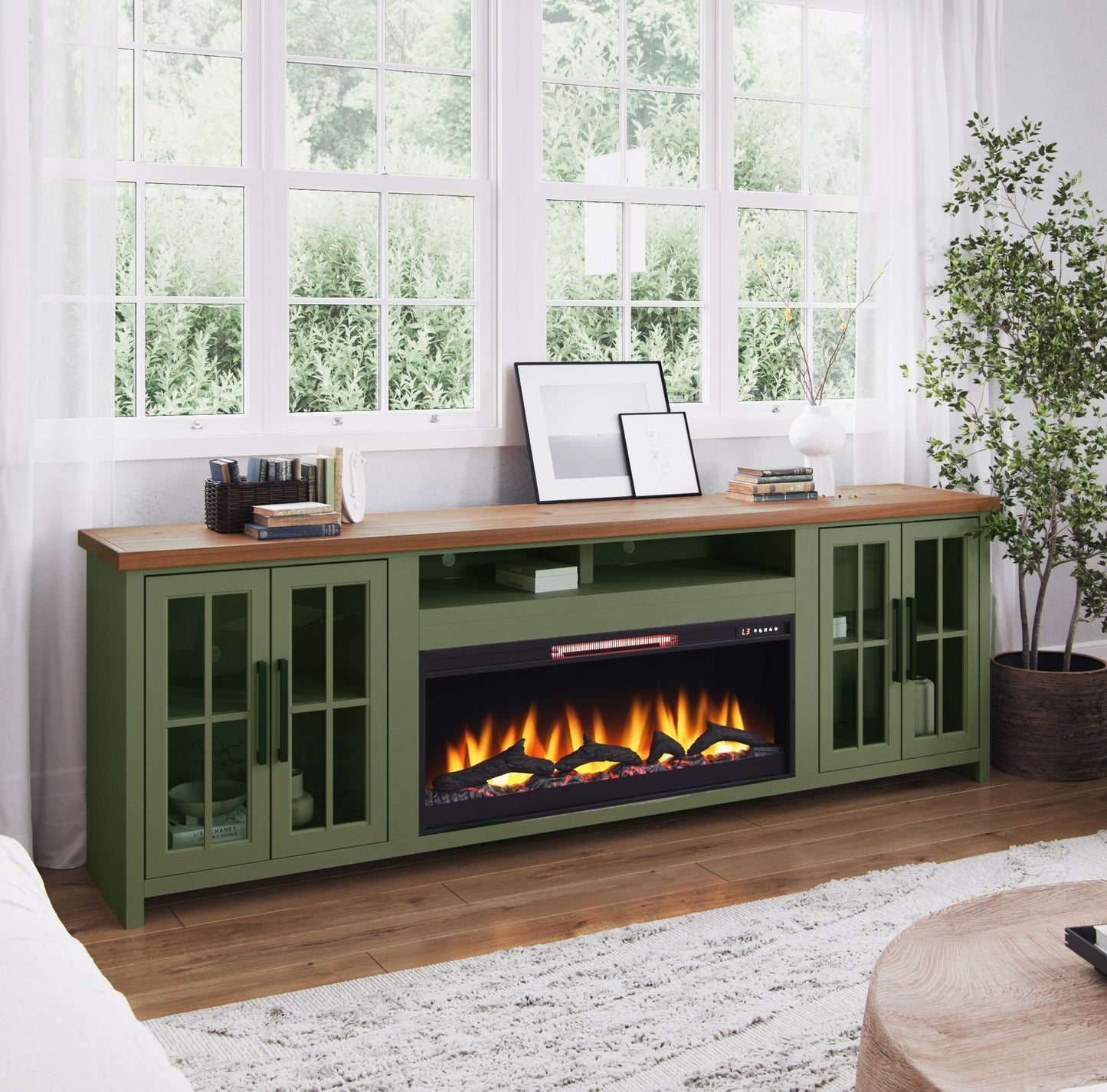 Vineyard - 97" Fireplace TV Stand Console For TVs Up To 100" - Sage Green And Fruitwood Finish Legends