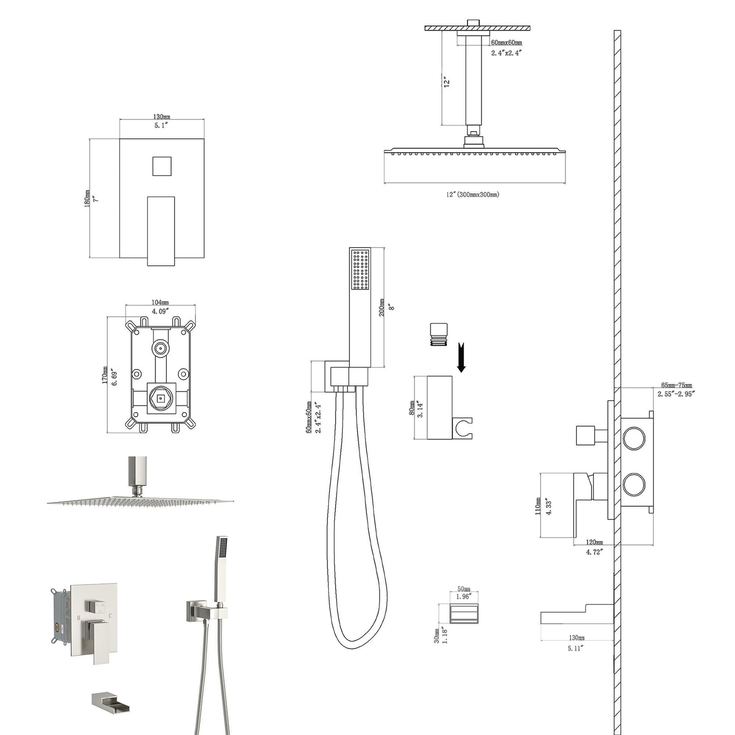 Modern Shower System With Waterfall Tub Spout, 12" Ceiling Mount Square Shower Daily Nest