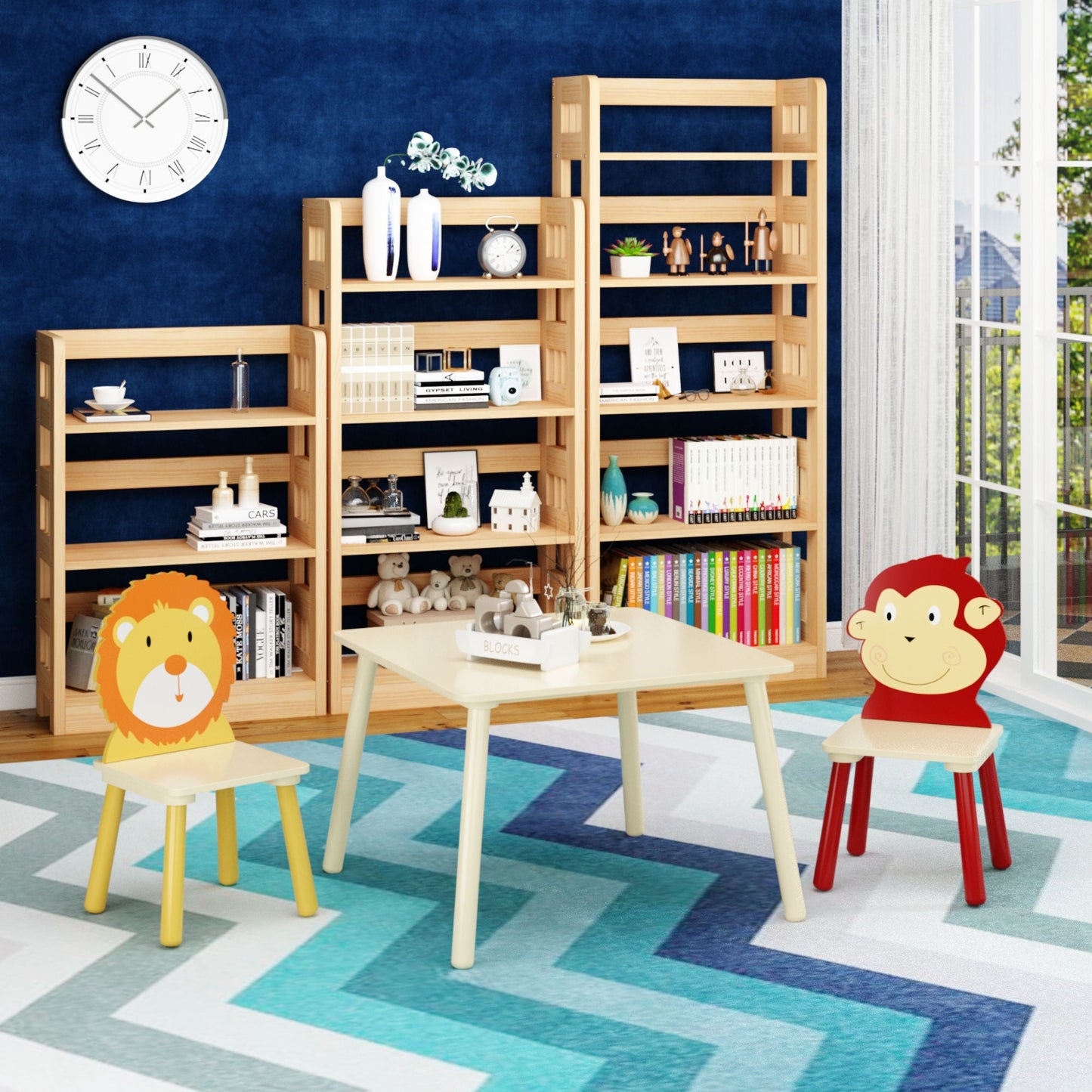 Kids Table And 2 Chairs Set, 3 Pieces Toddler Table And Chair Set, Wooden Activity Play Table Set (Lion&Monkey) - Natural Home Essentials