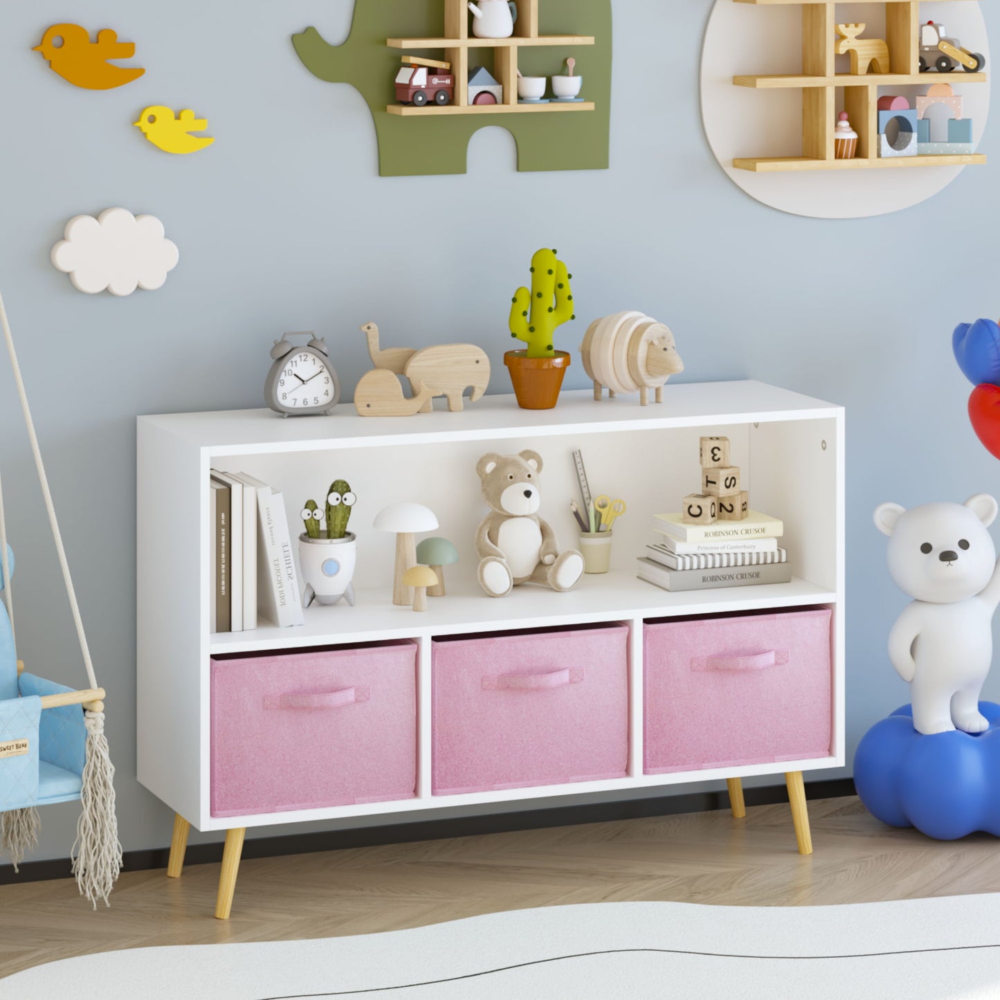 Kids Bookcase With Collapsible Fabric Drawers, Children's Book Display, Toy Storage Cabinet Organizer - White / Pink Home Essentials
