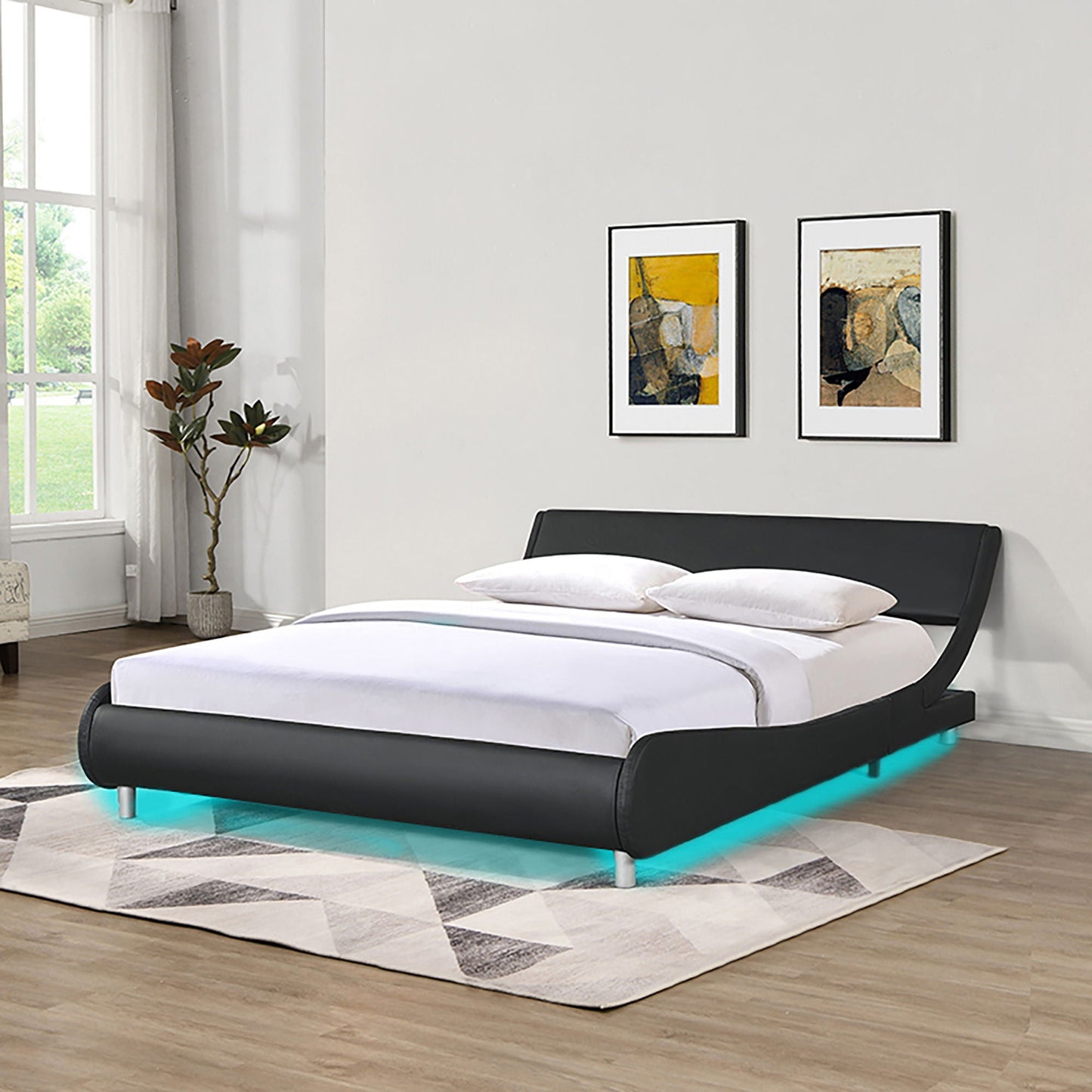 Queen Size Upholstered Platform Bed Frame, LED Lighting With Remote Controller And App, Curve Design, Wood Slat Support, No Box Spring Needed - Black Home Essentials