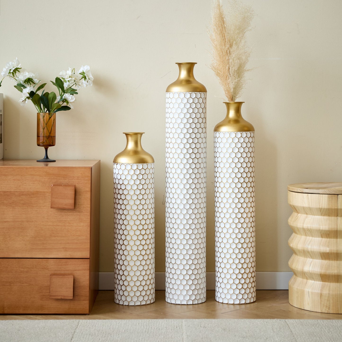 3 Piece Set Gorgeous Home Decoration Large Glazed Floor Vase Decoration Home Droplet Shaped - Gold / White Daily Nest