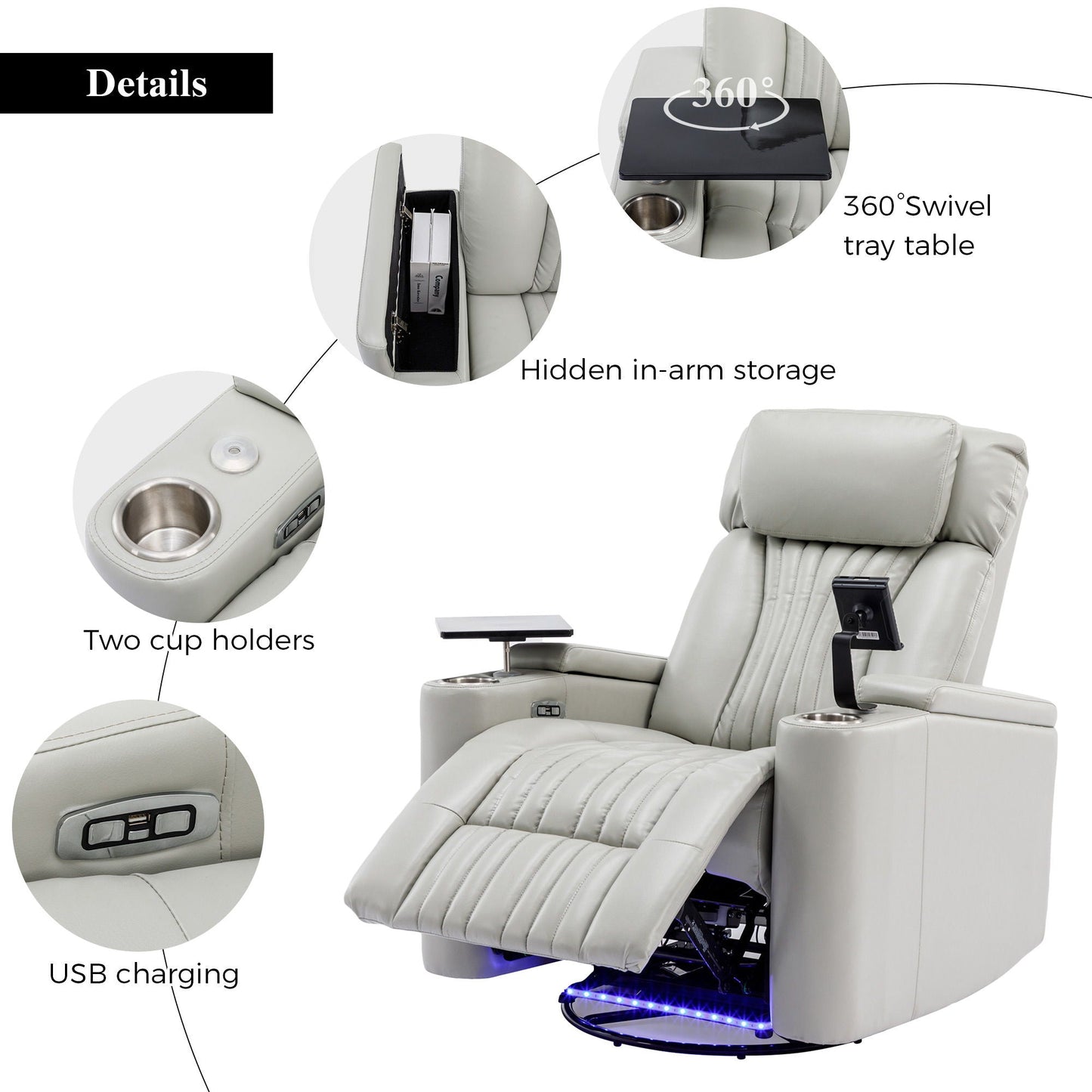 270° Power Swivel Recliner Home Theater Chair With Hidden Arm Storage, LED Light, Cup Holder, And Tray Table Hearth and Haven