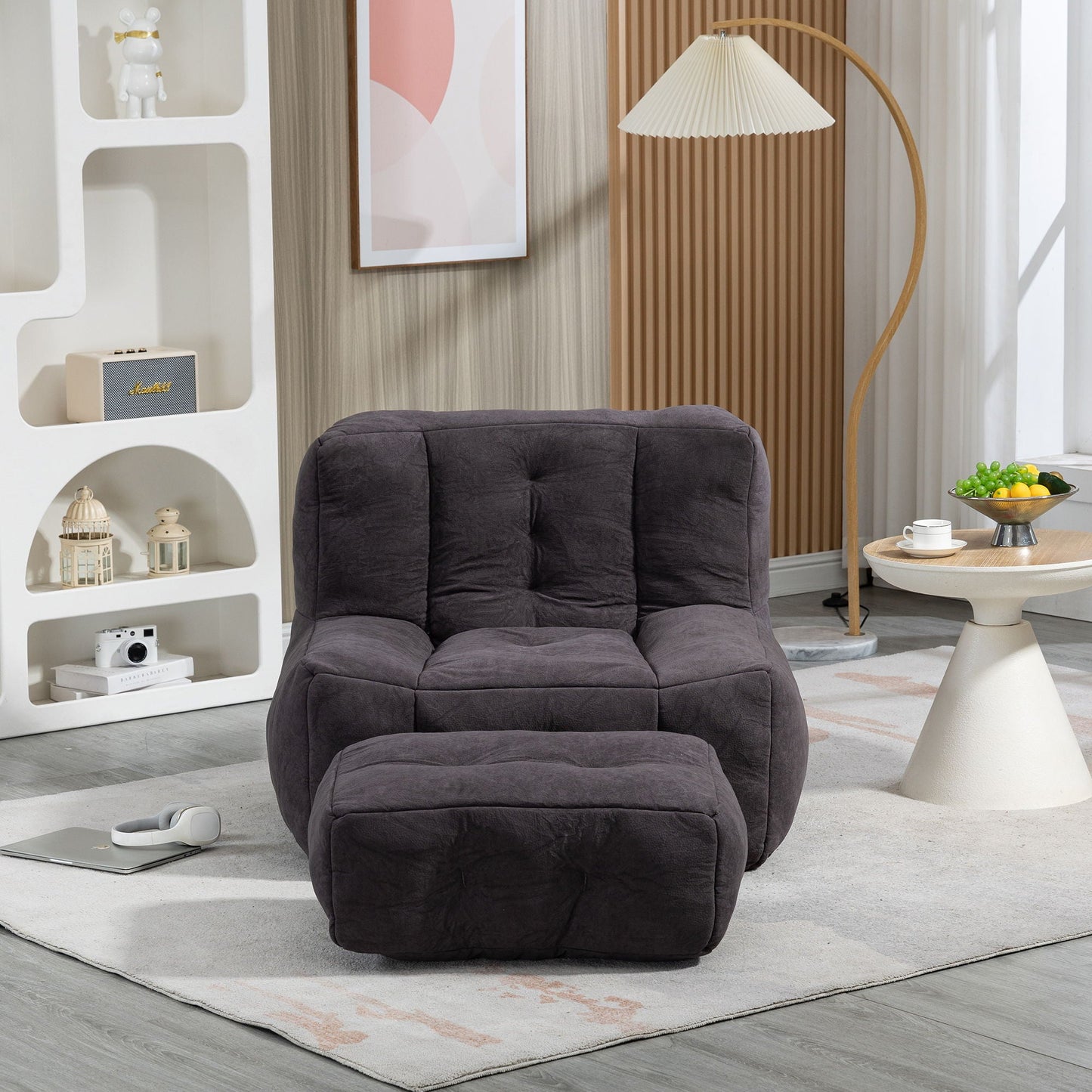 Modern Indoor Fluffy Bean Bag Chair With Memory Foam And Ottoman, Super Soft Home Essentials
