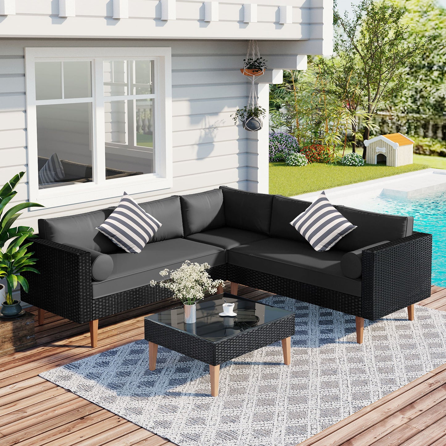 4 Pieces Outdoor Wicker L-Shape Sofa Set Hearth and Haven