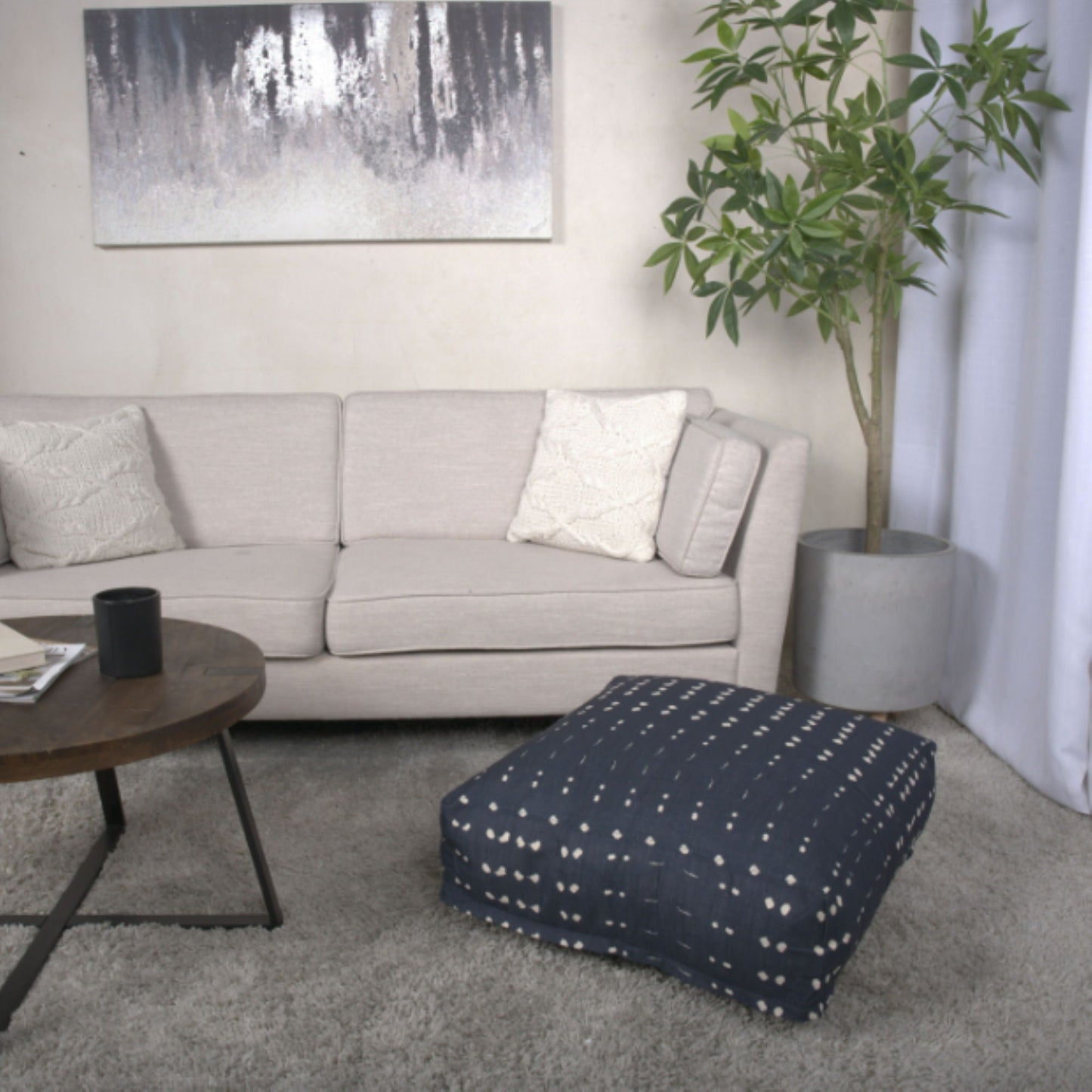 Dalm - Fabric Square Pouf Ottoman With Polystyrene Beads Filling - Dark Blue / White Home Essentials