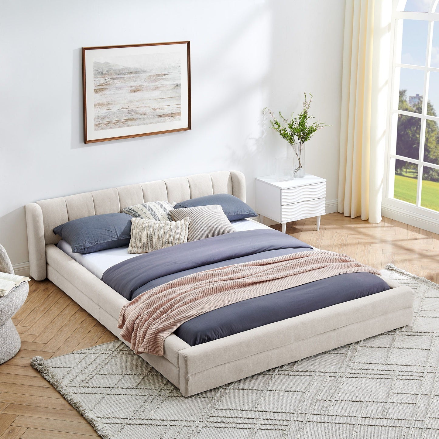 Modern Upholstered Bed Frame With Thick Chenille Fabric And Headboard Home Essentials