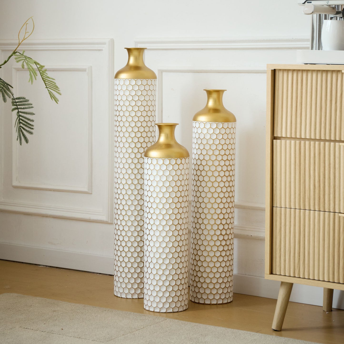 3 Piece Set Gorgeous Home Decoration Large Glazed Floor Vase Decoration Home Droplet Shaped - Gold / White Daily Nest