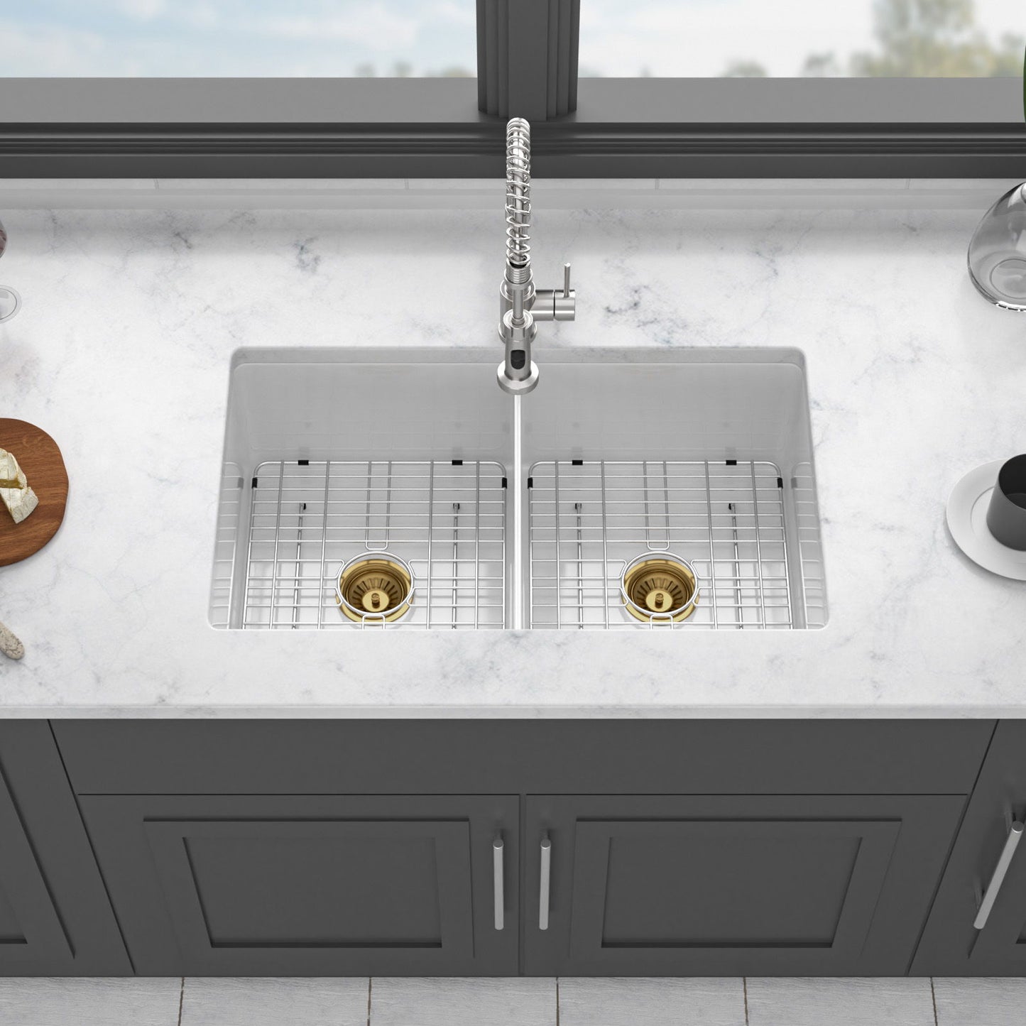 32" Undermount Double Bowl Kitchen Sink Rectangular Deep Dual Bas With Grids - White Daily Nest