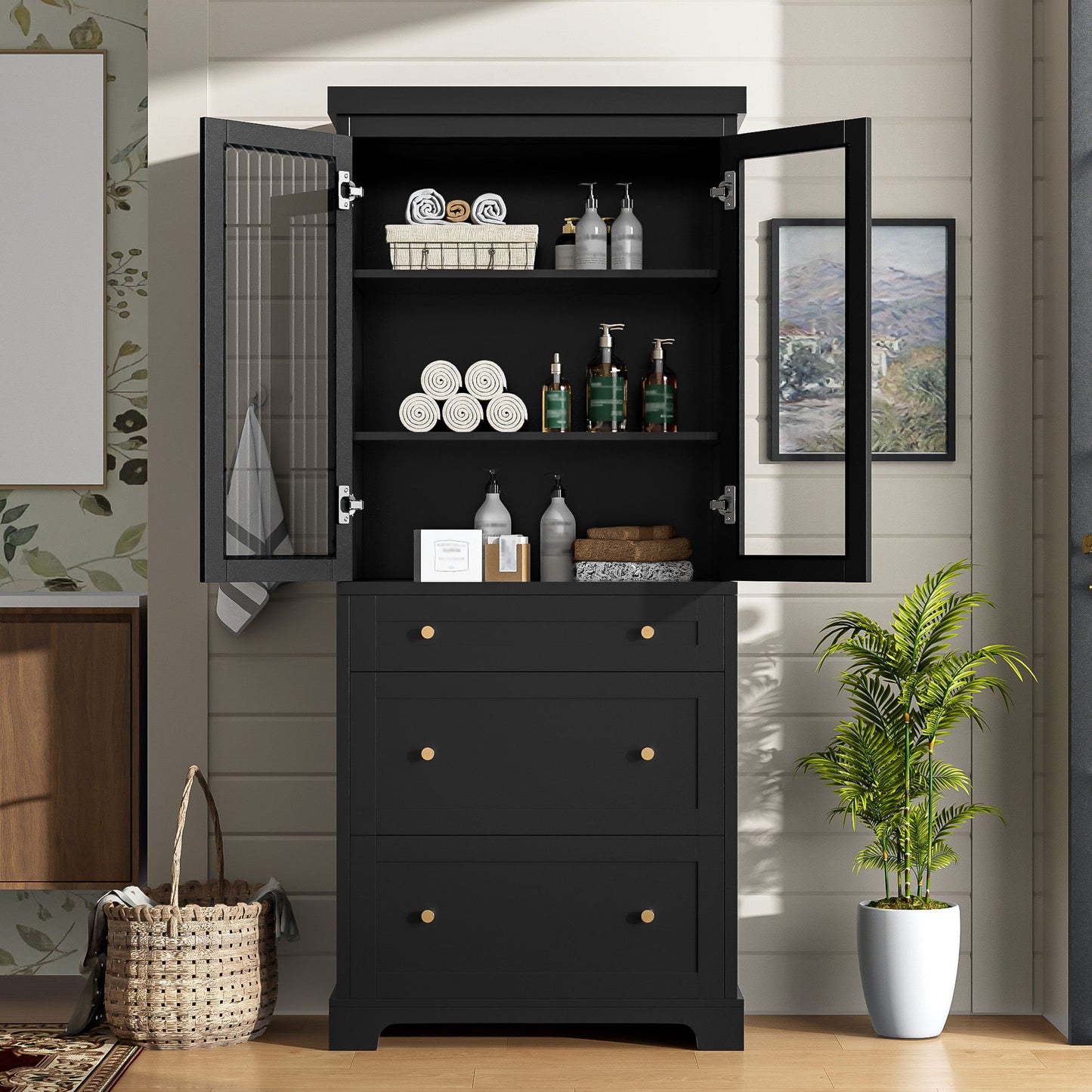 Freestanding Tall Bathroom Cabinet With Adjustable Shelves, Drawers, Soft Close Glass Doors Hearth and Haven