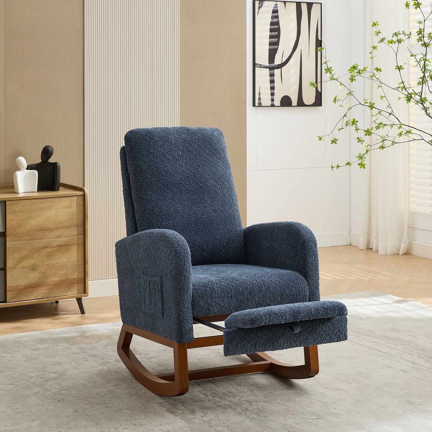 High Back Glider Rocking Chair With Retractable Footrest And Rubber Wood Legs Home Essentials