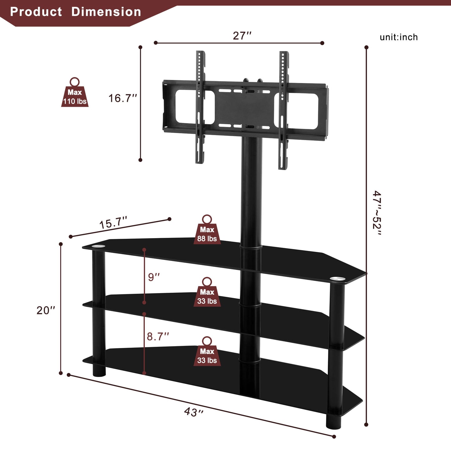 43.3" Multi-Function TV Stand Height Adjustable Bracket Swivel 3 Tier - Black Home Essentials