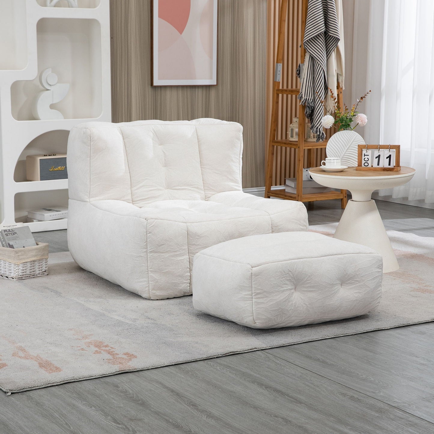 Modern Indoor Fluffy Bean Bag Chair With Memory Foam And Ottoman, Super Soft Home Essentials