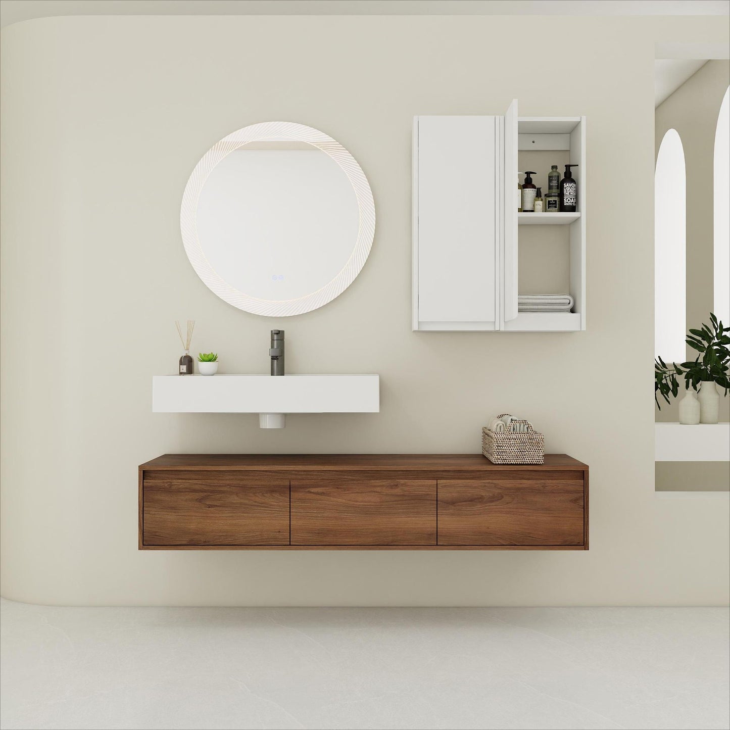 Wall Mounted Bathroom Vanity With Resin Sink And 2 Side Cabinet, 3 Soft Close Drawer - Brown Ebony Home Essentials
