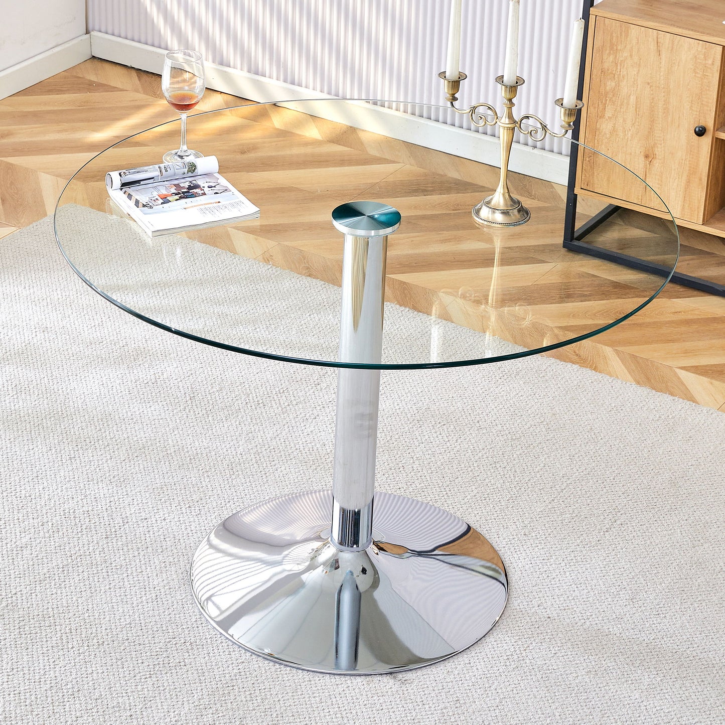 Modern Minimalist Circular Dining Table With Glass Top And Electroplated Metal Legs For Restaurants And Living Rooms - Silver / Transparent Home Essentials