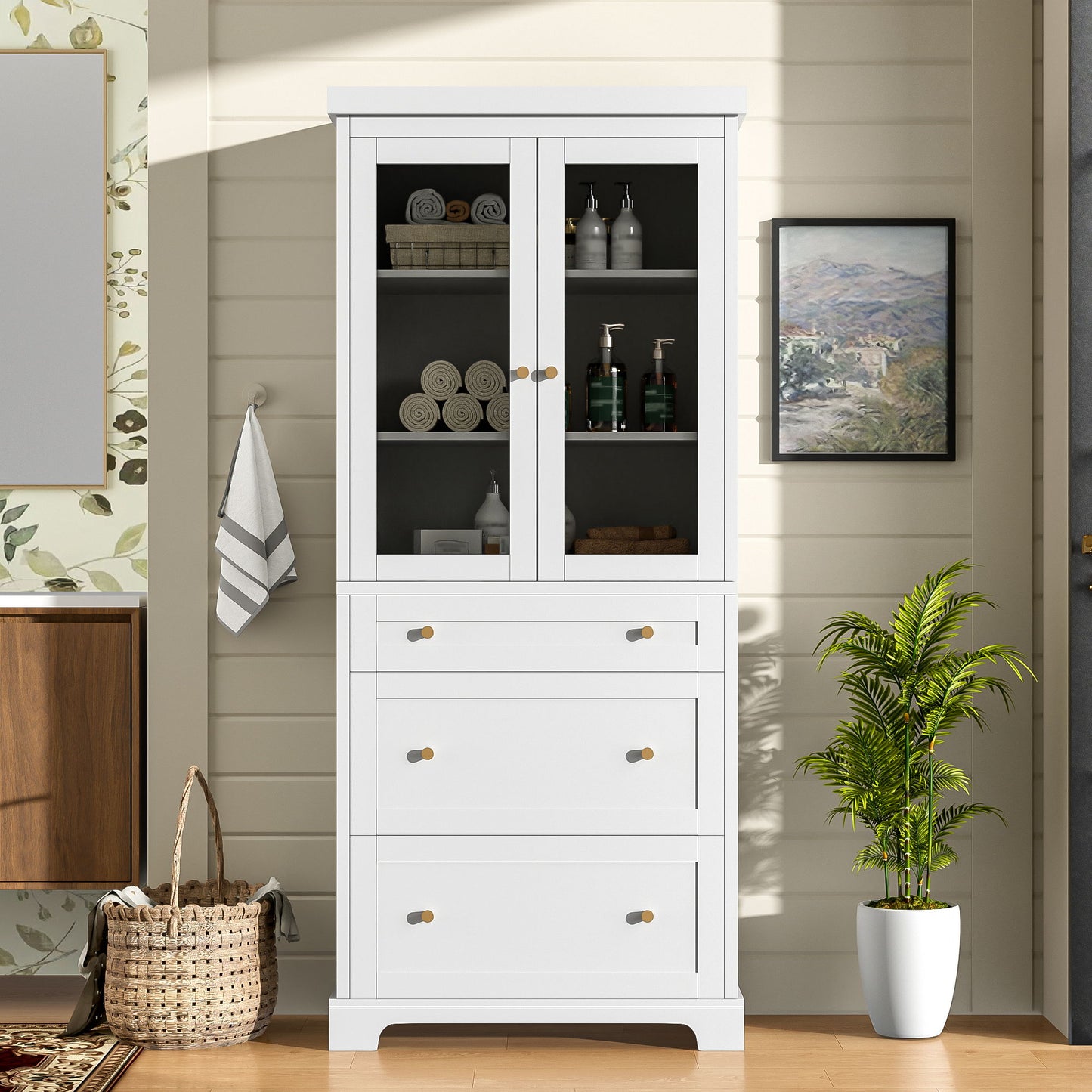 Freestanding Tall Bathroom Cabinet With Adjustable Shelves, Drawers, Soft Close Glass Doors Hearth and Haven