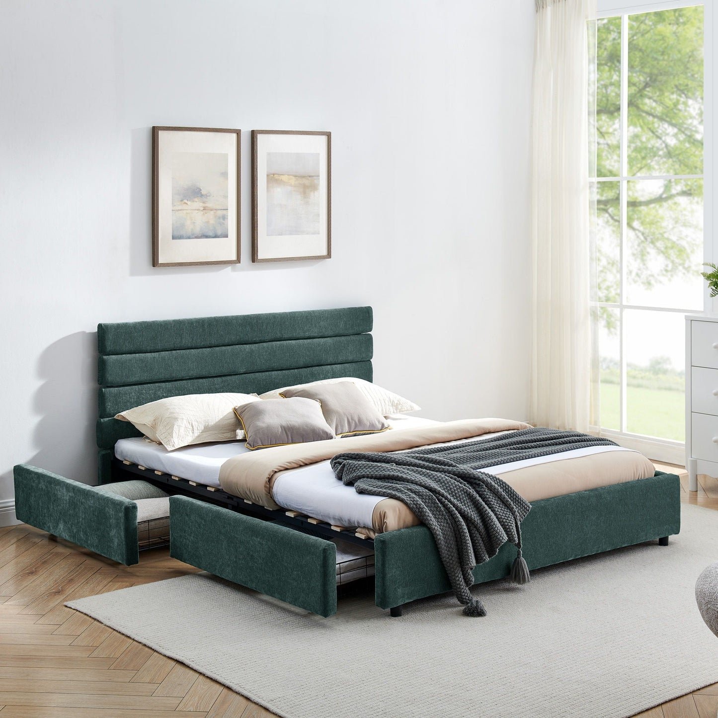 Modern Cushioned Bed Frame With Headboard And Drawers Home Essentials