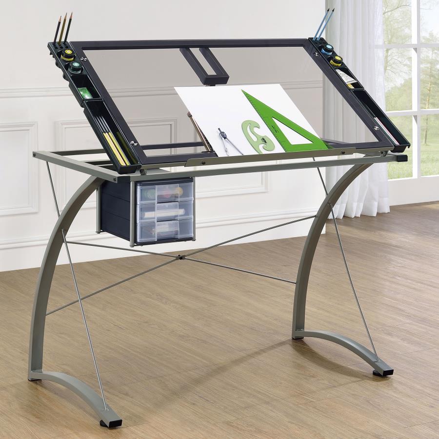 Melo - Glass Top Drafting Table With Storage - Silver CoasterEveryday