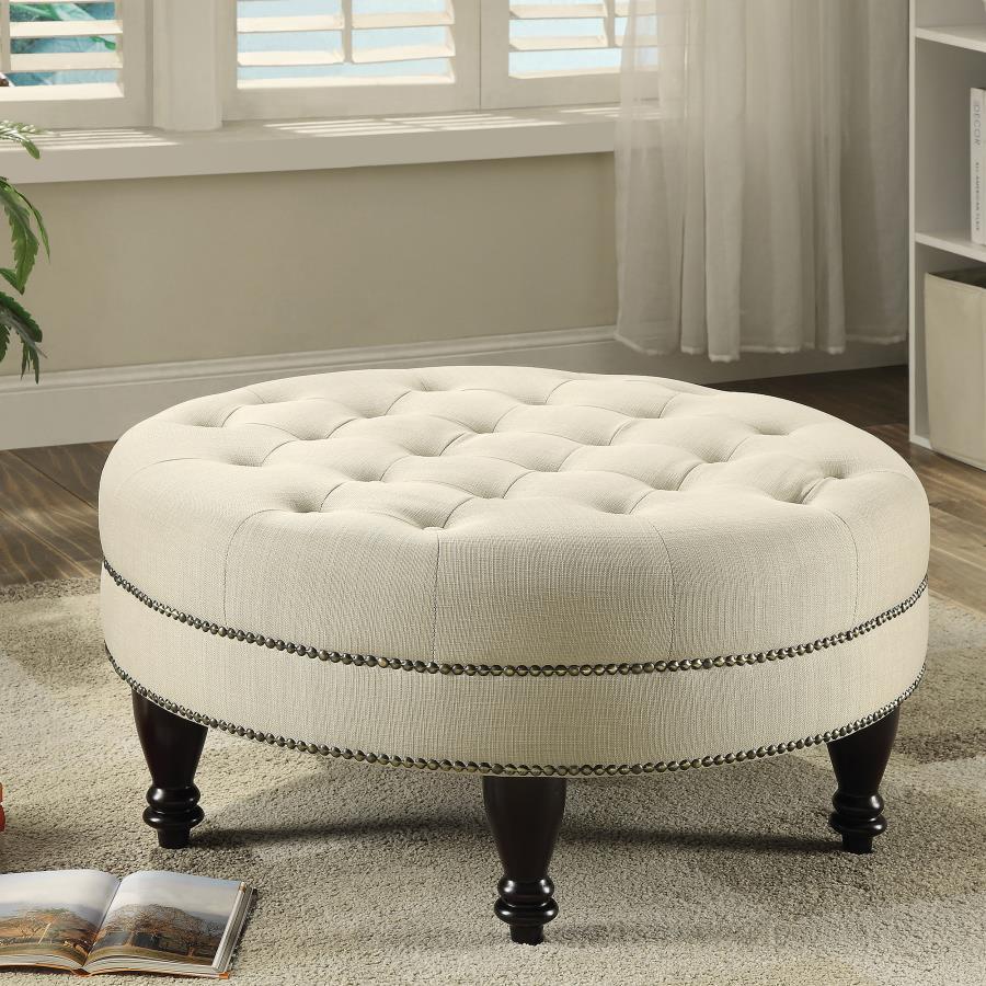 Elchin - Round Upholstered Tufted Ottoman - Oatmeal CoasterEssence