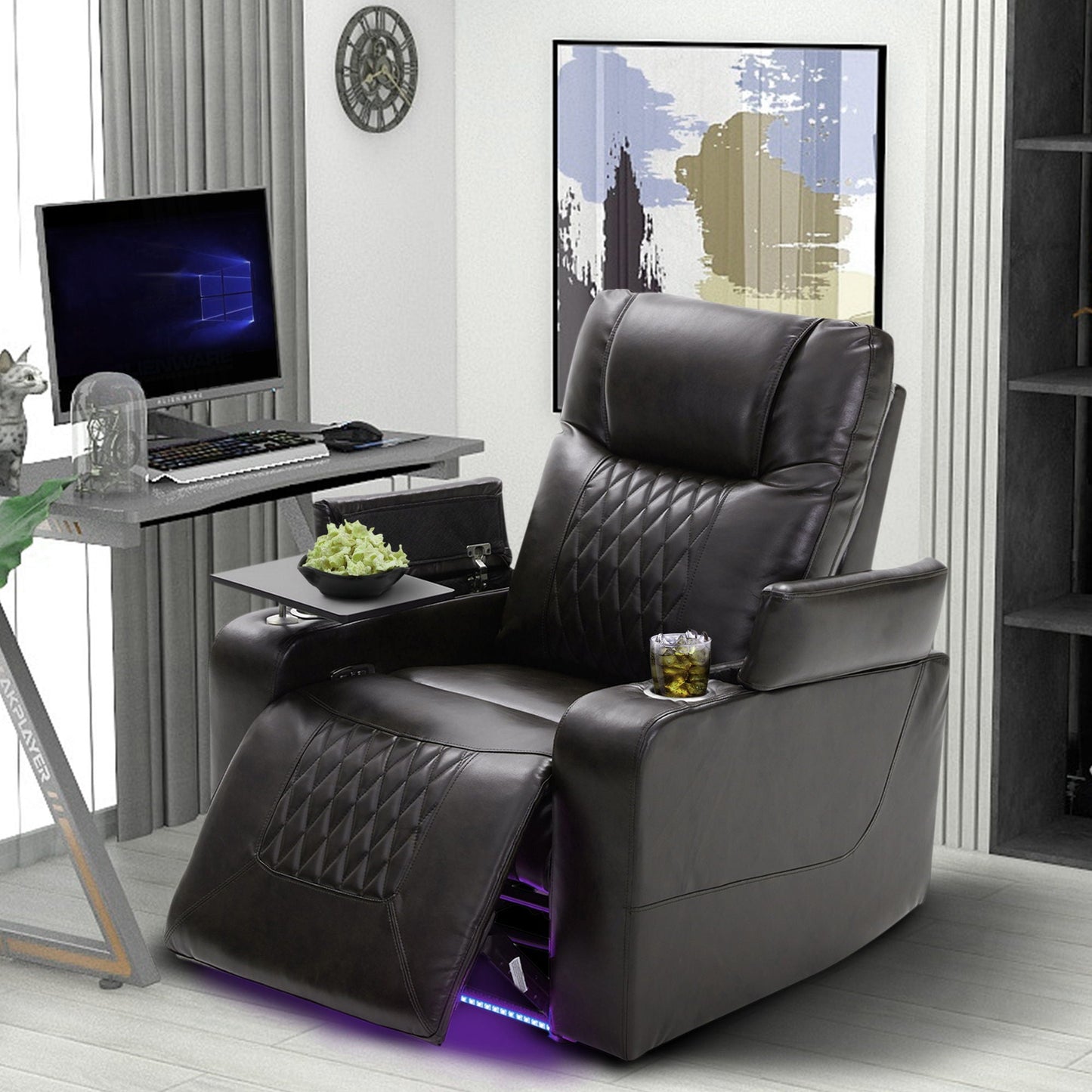 Power Motion Recliner With USB Charging Port And Hidden Arm Storage 2 Convenient Cup Holders Design And 360 Degree Swivel Tray Table Hearth and Haven