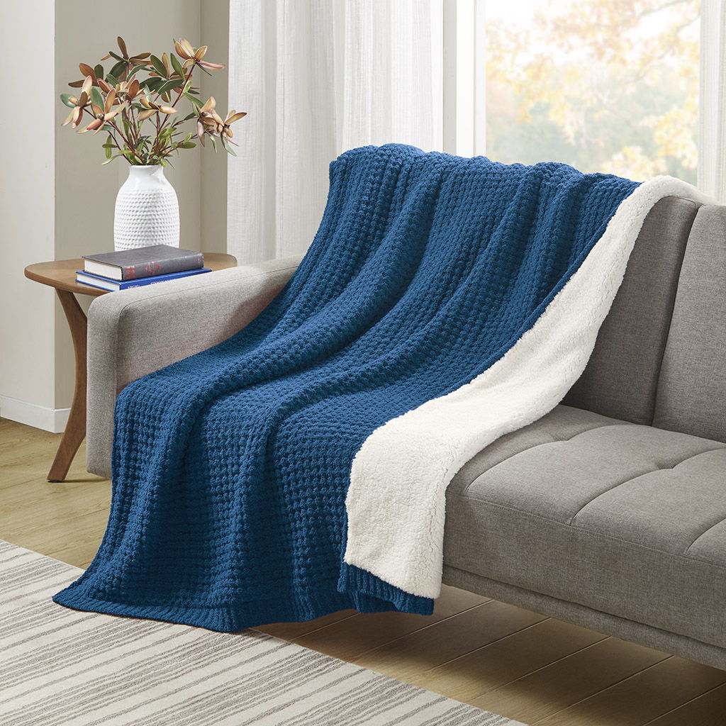 Rowan - Waffle Knit Chenille Throw - Navy Blue Madison Park