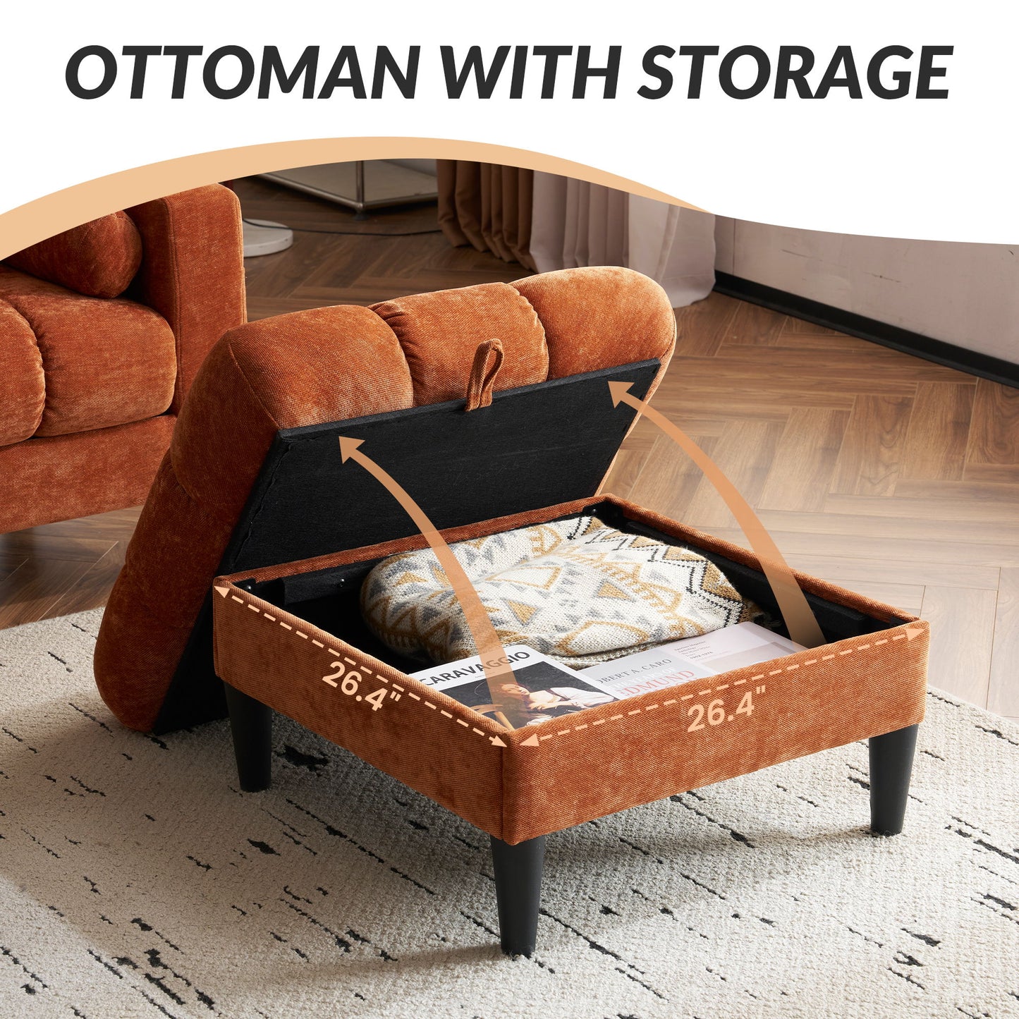 3 Seat L-Shaped Chenille Sofa With Removable And Storage Ottoman, Side Storage, And USB / C - Type Charging Ports Sofa For Living Room