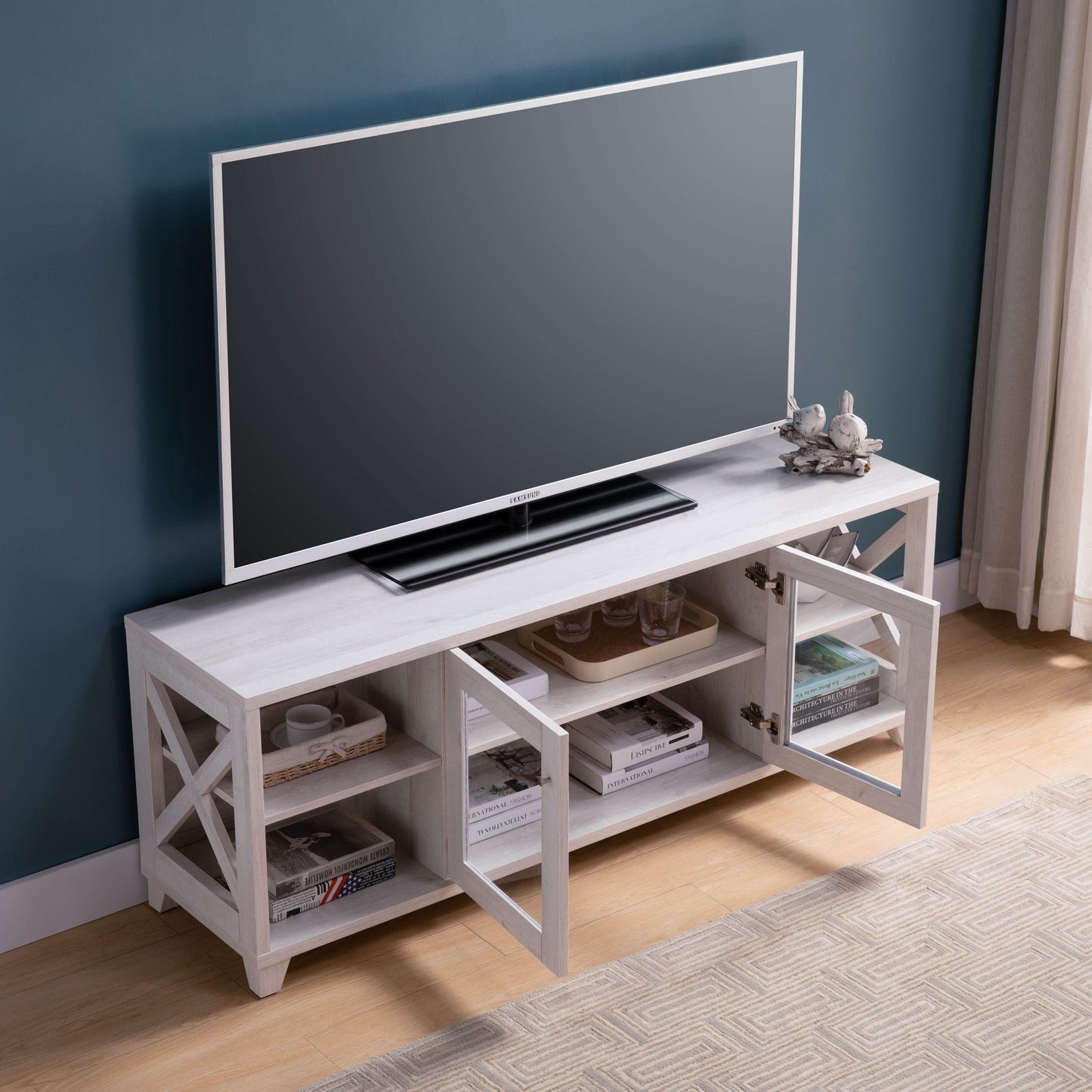 Farmhouse Home Entertainment Center, TV Stand With 4 Shelves And Transparent Center Cabinet - White Oak Home Essentials
