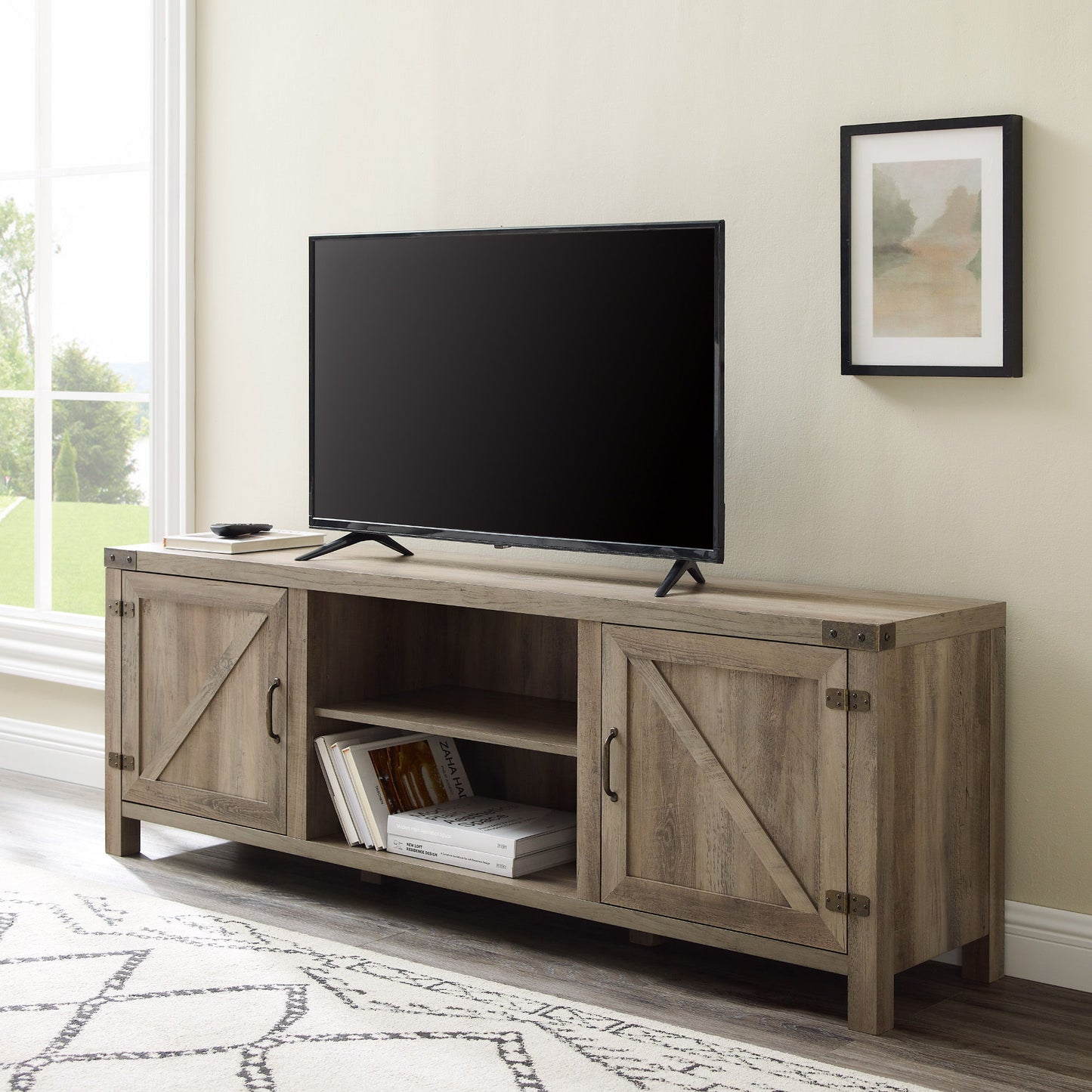 Rustic Farmhouse Double Barn Door 70" TV Stand For 80" TVs With Center Shelves Walker Edison