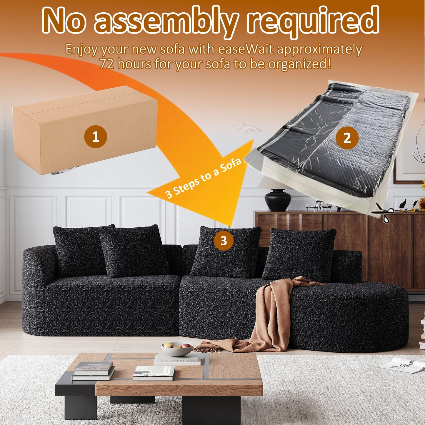 Upholstered Oversized Sectional Sofa, 4 Seater Extra Deep & Wide Curved Cloud Couch With 4 Throw Pillows For Living Room - Black Home Essentials