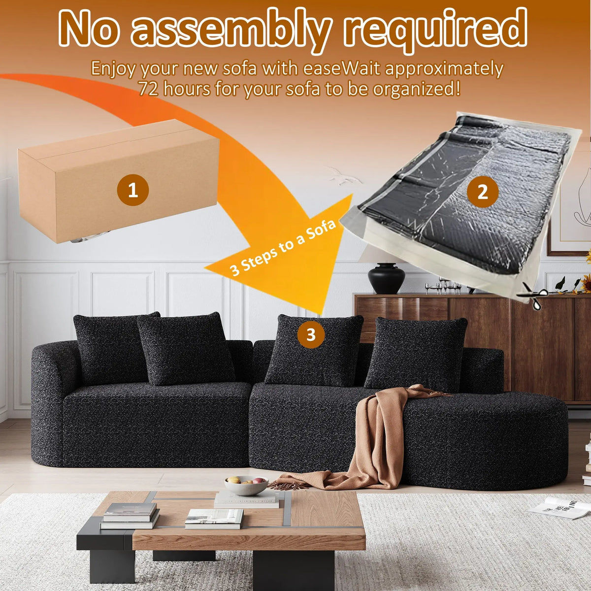 Upholstered Oversized Sectional Sofa, 4 Seater Extra Deep & Wide Curved Cloud Couch With 4 Throw Pillows For Living Room - Black Home Essentials