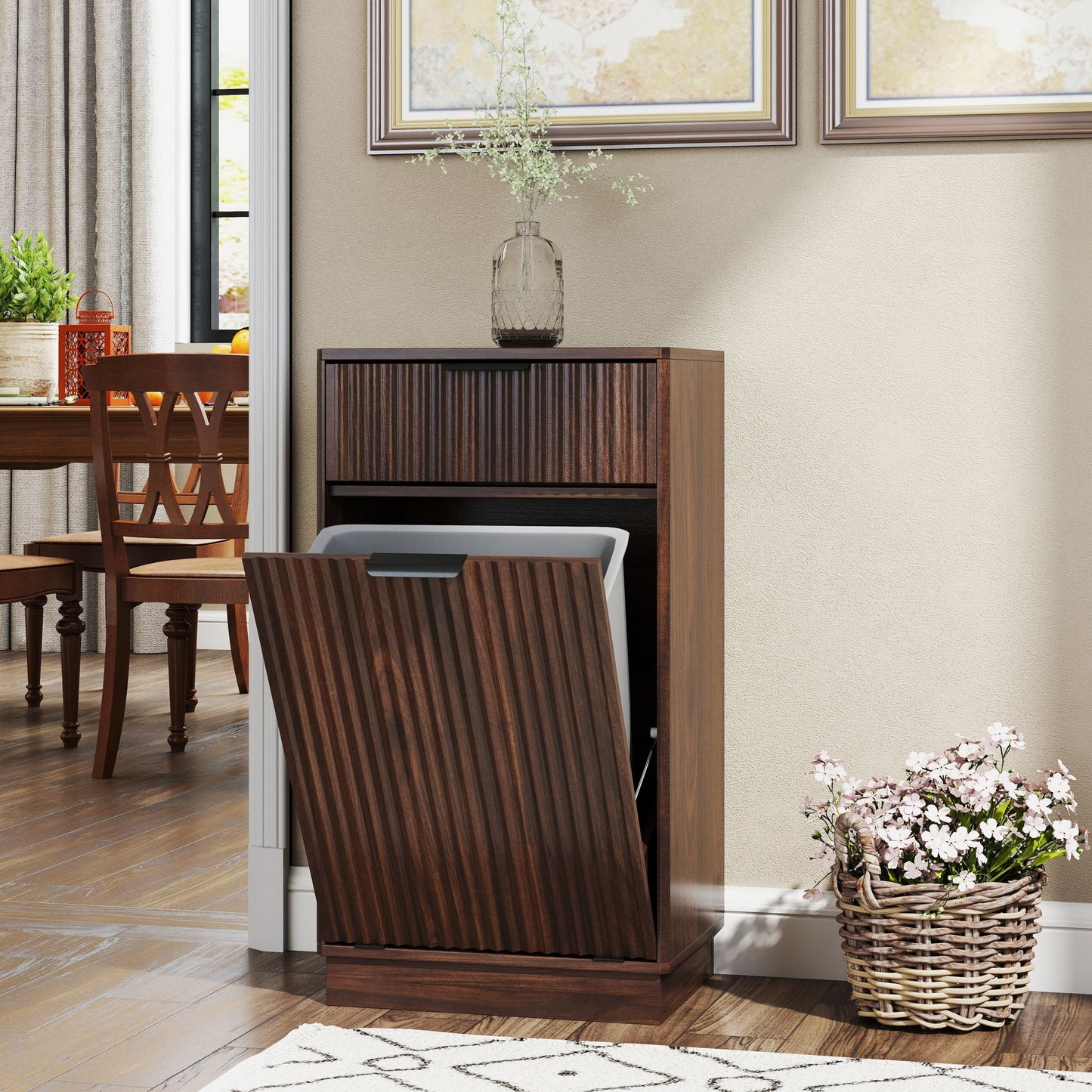 Tilt Out Trash Can Cabinet With Wave Textured Drawer & Pull Out Bin Home Essentials