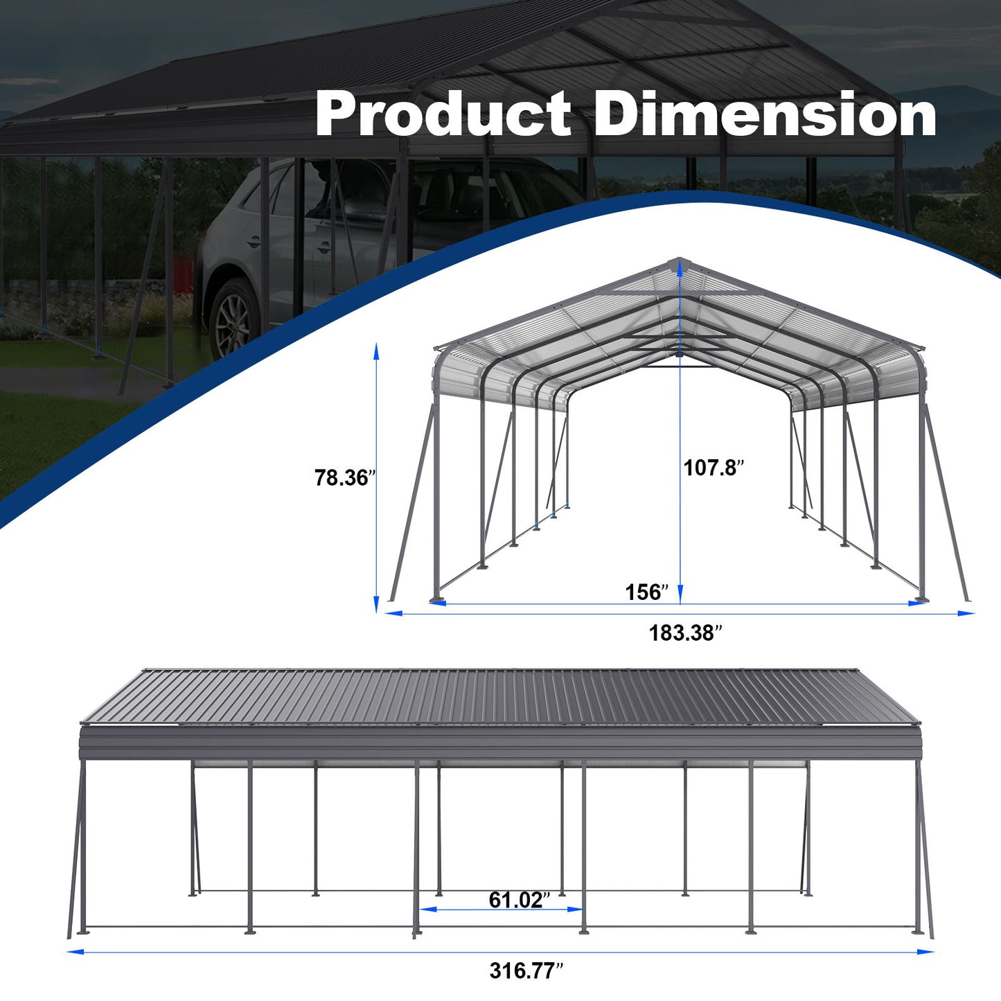 Metal Carport 13 X 26.5 Ft Heavy Duty With Galvanized Steel Roof Metal Garage Canopy With Galvanized Steel Roof & Frame Car Tent Outdoor Storage Shed For Car Boats And Truck - Gray Home Essentials