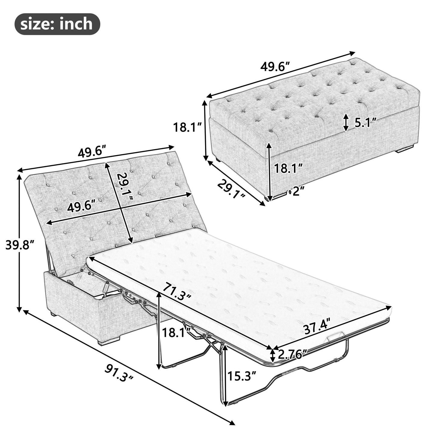 Convertible Folding Sofa Bed Ottoman With Memory Mattress And Tufted Design Hearth and Haven