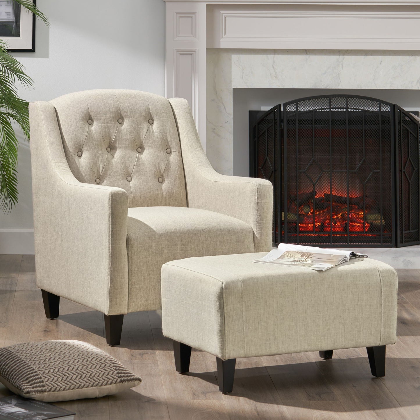 Elegant Upholstered Armchair With Ottoman Set - Beige Noble House