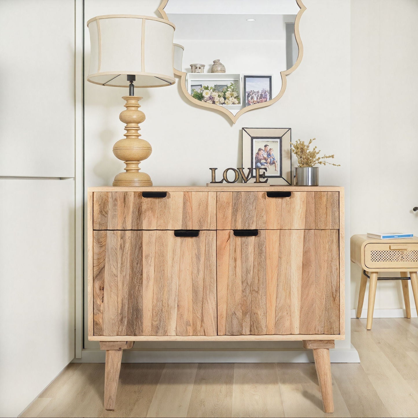 Stylish Style 2 Drawer 2 Door Cabinet, Mango Wood - Natural Noble House