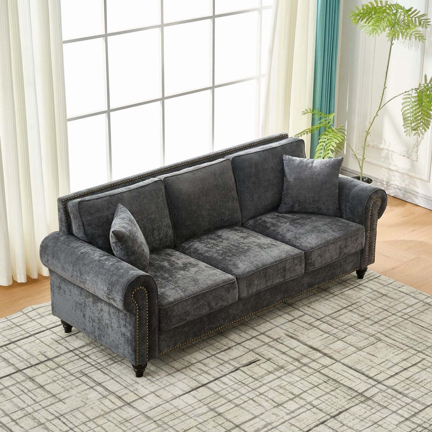 3 Seater Sofa With Tufted Upholstery, Rolled Arms, Nailhead Trim Home Essentials