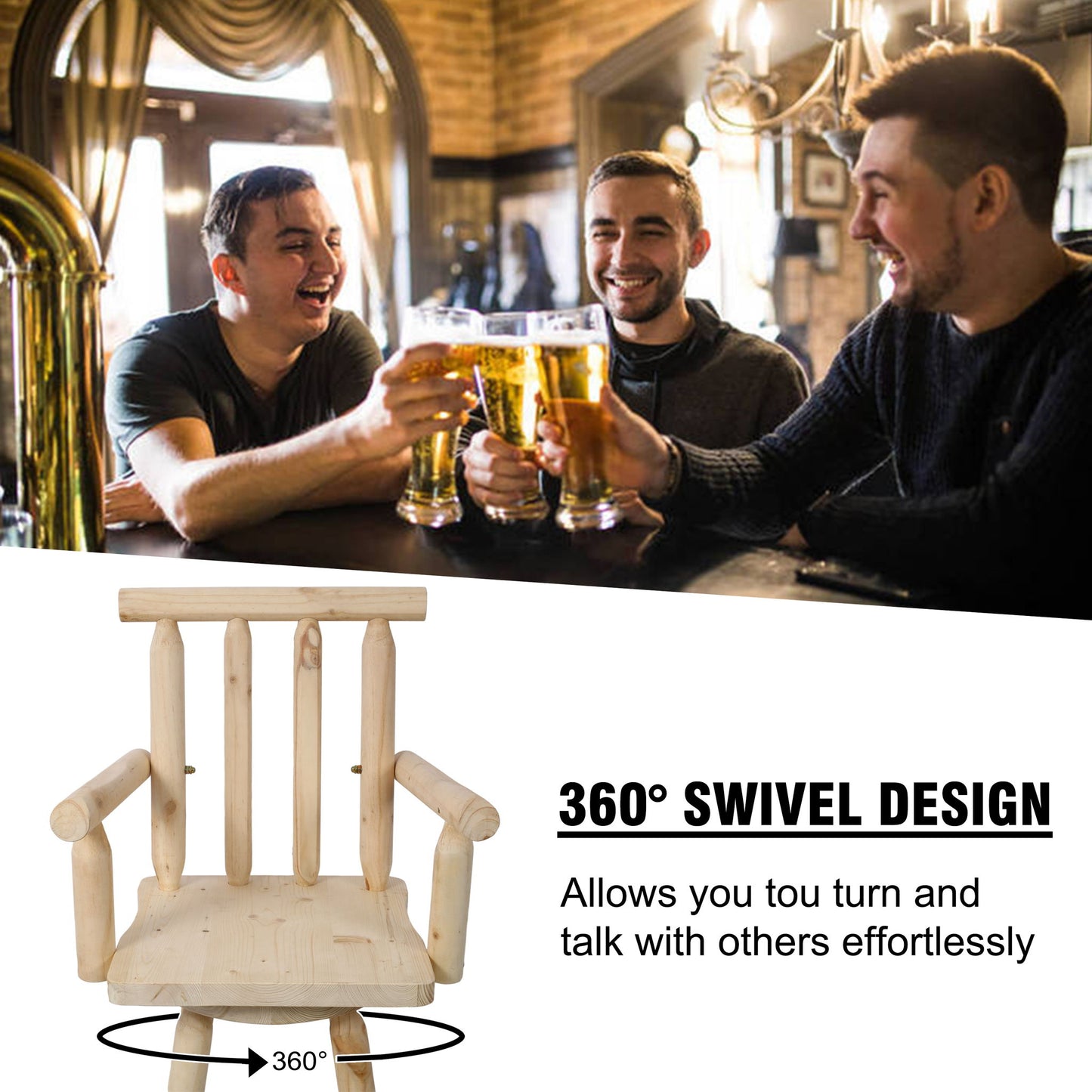 Rustic Bar Stool, Fir Wood Construction, Wide Armrest Home Essentials