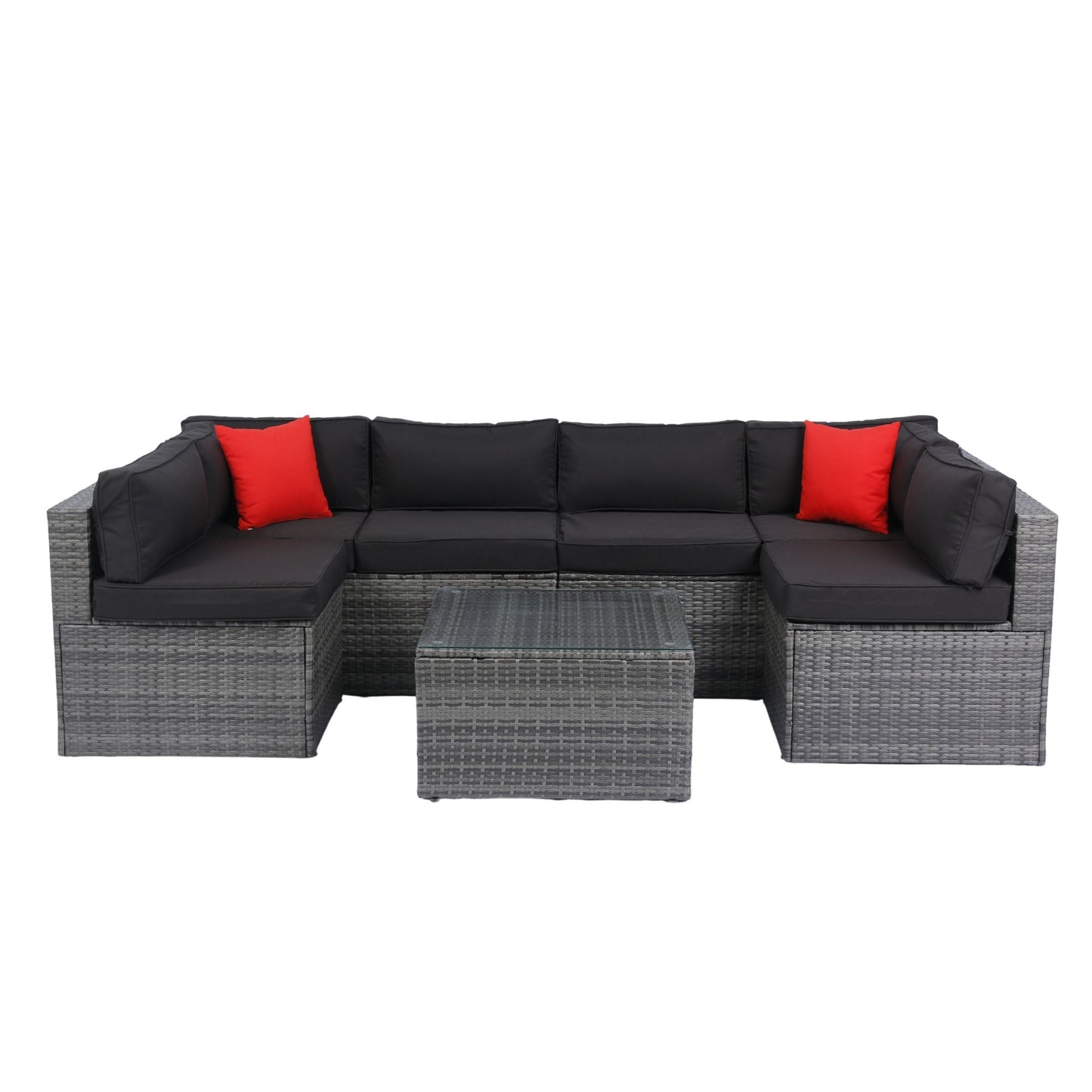 5 Pieces Rattan Sectional Outdoor Furniture Cushioned U Sof Set With 2 Pillow - Gray / Black Home Essentials