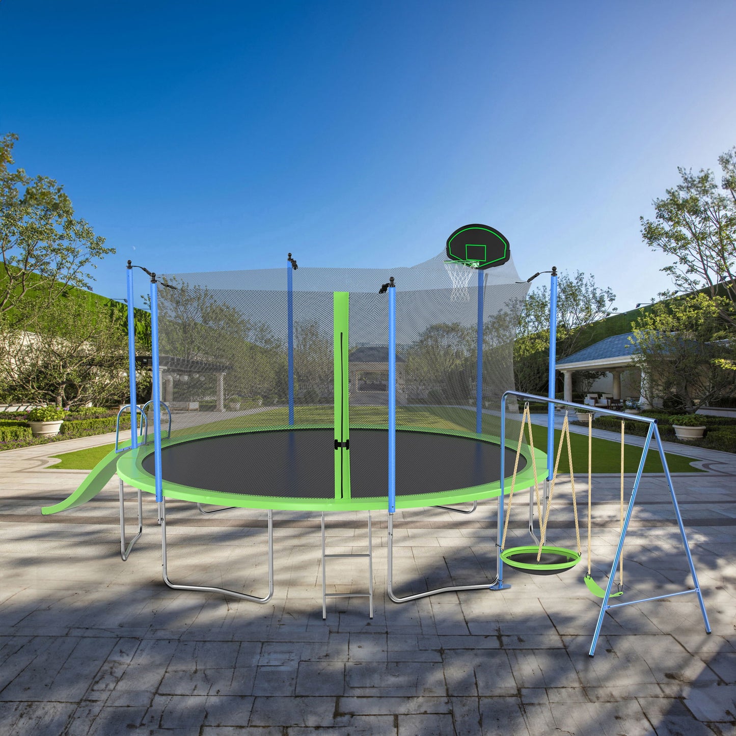 14Ft Trampoline With Slide And Swings, Astm Approved Large Recreational Trampoline With Basketball Hoop And Ladder, Outdoor Backyard Trampoline With Net, Capacity For Kids And Adults - Green / Blue Daily Nest