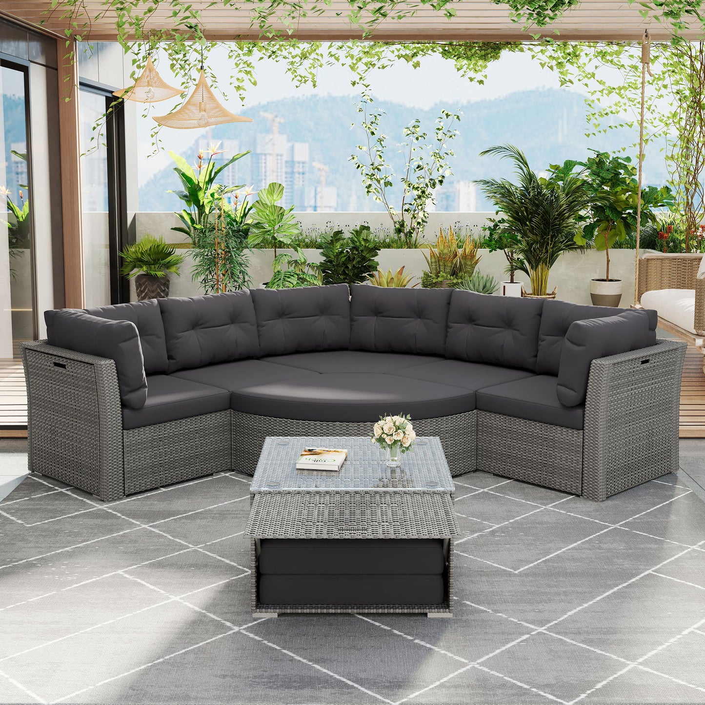 Elegant Patio Furniture Set Outdoor Daybed Rattan Sectional With Cushions And Center Table - Gray Hearth and Haven