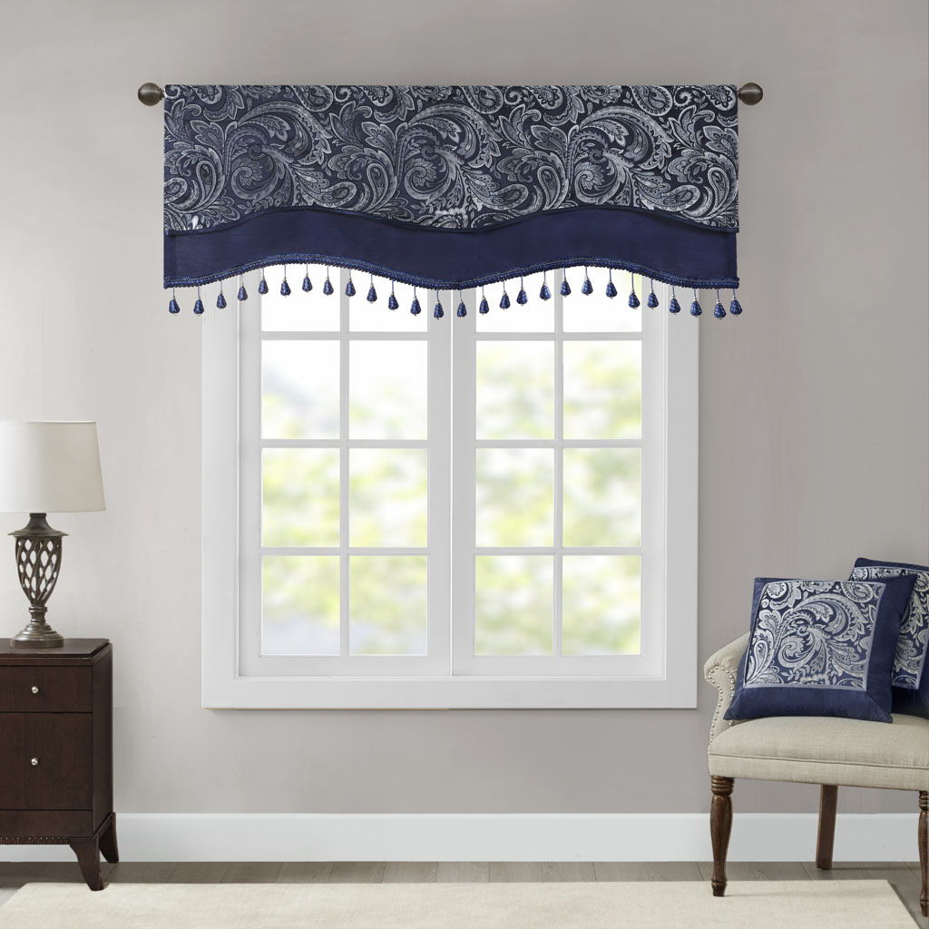 Aubrey - Window Rod Pocket Valance With Beads - Navy Madison Park