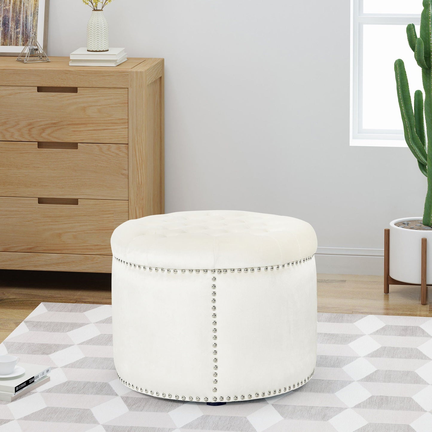 Elegant Round Ottoman Footstool With Studded Rim Noble House
